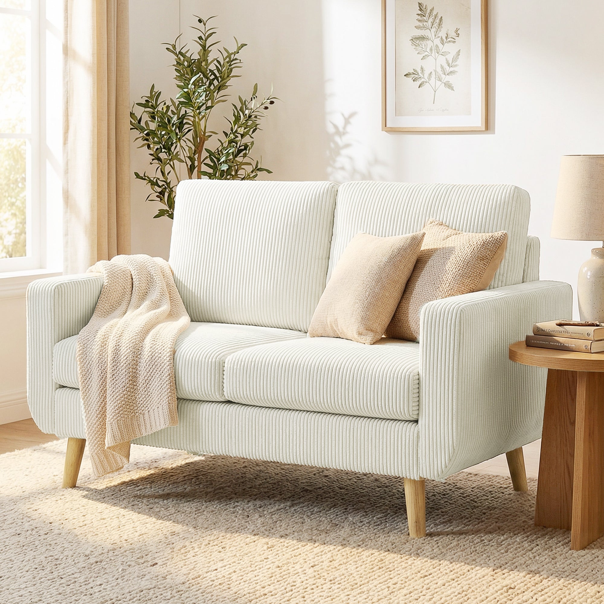 Canapé 2 places en velours côtelé, canapé de salon moderne 134 cm, assise rembourrée, coussin à ressorts, dossier épais, pieds en bois d'hévéa, pour chambre, appartement, petit espace, crème