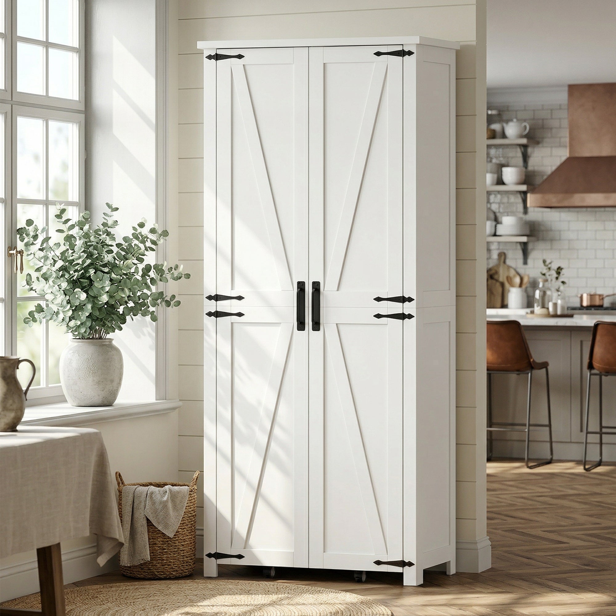 Buffet haut cuisine, armoire cuisine, vaisselier, 2 portes avec roulettes, 6 compartiments, 14 porte-racks et étagères réglables, style rustique, pour salle à manger, salon, 80x40x180cm, blanc