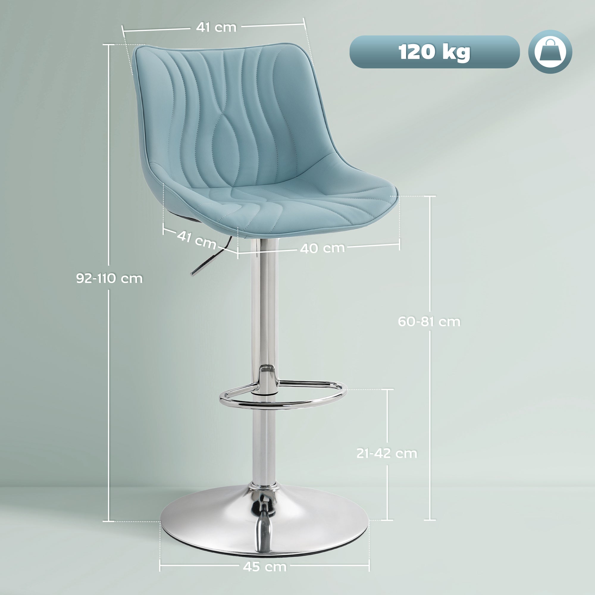 Lot de 2 tabourets de bar, chaises de bar, structure en acier, hauteur réglable 92-110 cm, chaises hautes avec dossier et repose-pieds, design moderne, siège en polyuréthane, bleu foncé