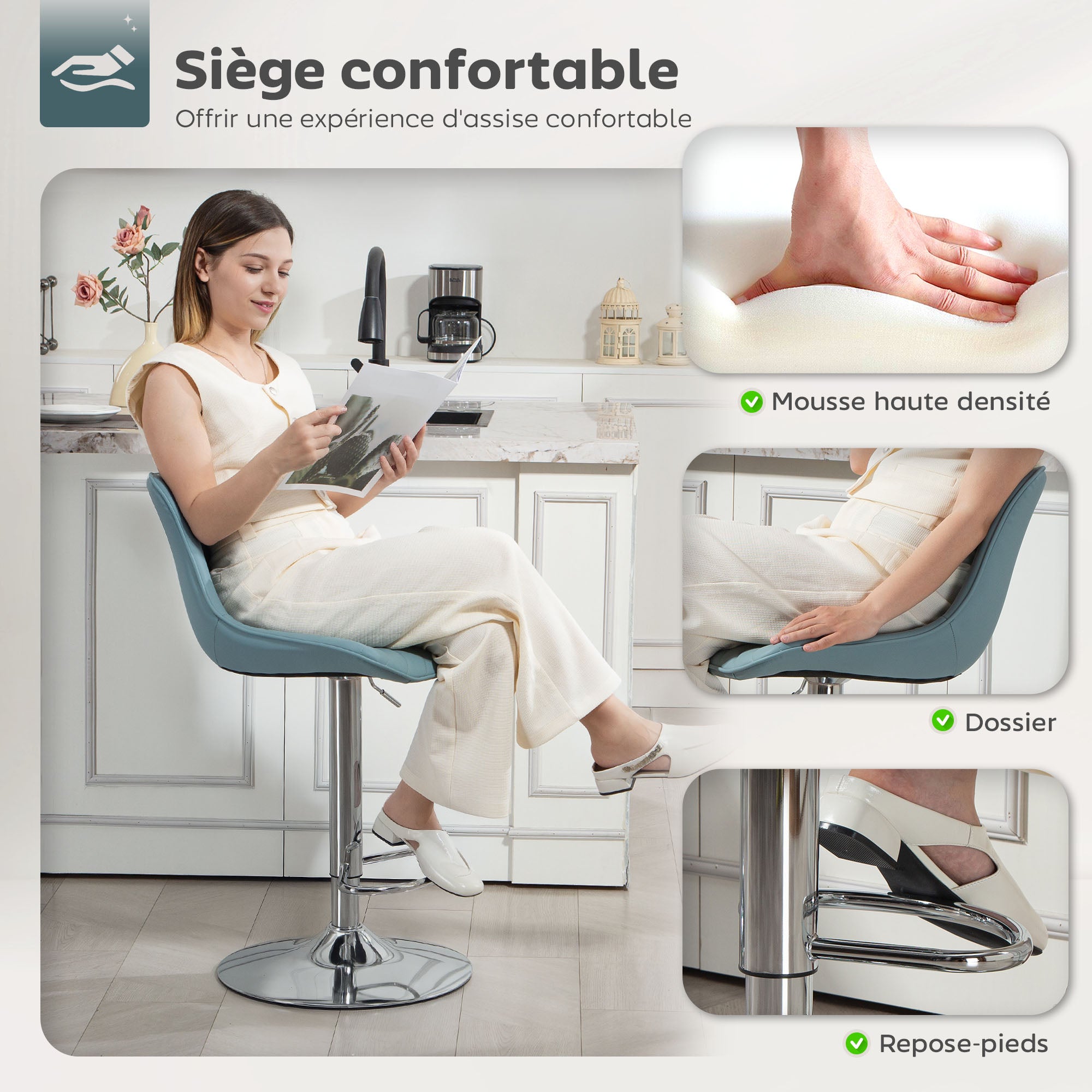 Lot de 2 tabourets de bar, chaises de bar, structure en acier, hauteur réglable 92-110 cm, chaises hautes avec dossier et repose-pieds, design moderne, siège en polyuréthane, bleu foncé