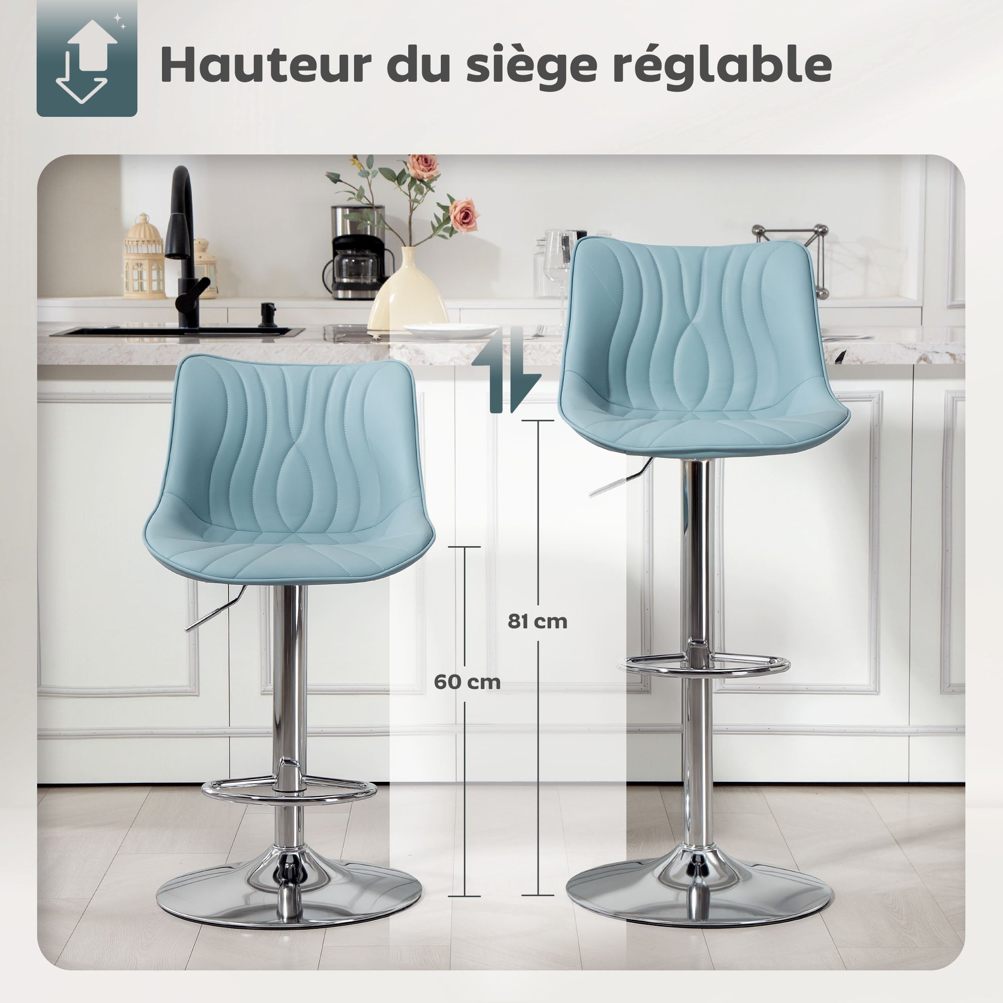 Lot de 2 tabourets de bar, chaises de bar, structure en acier, hauteur réglable 92-110 cm, chaises hautes avec dossier et repose-pieds, design moderne, siège en polyuréthane, bleu foncé