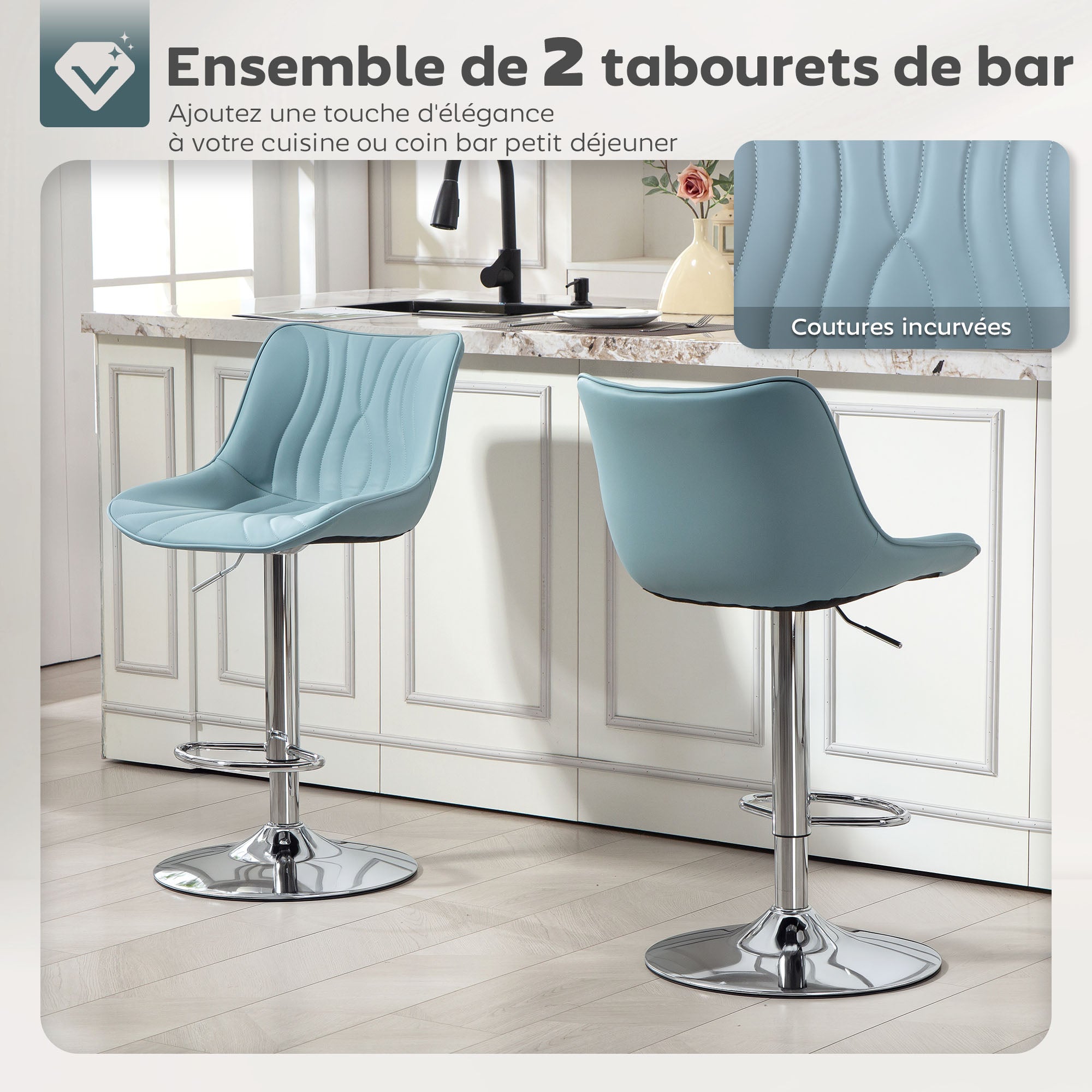Lot de 2 tabourets de bar, chaises de bar, structure en acier, hauteur réglable 92-110 cm, chaises hautes avec dossier et repose-pieds, design moderne, siège en polyuréthane, bleu foncé