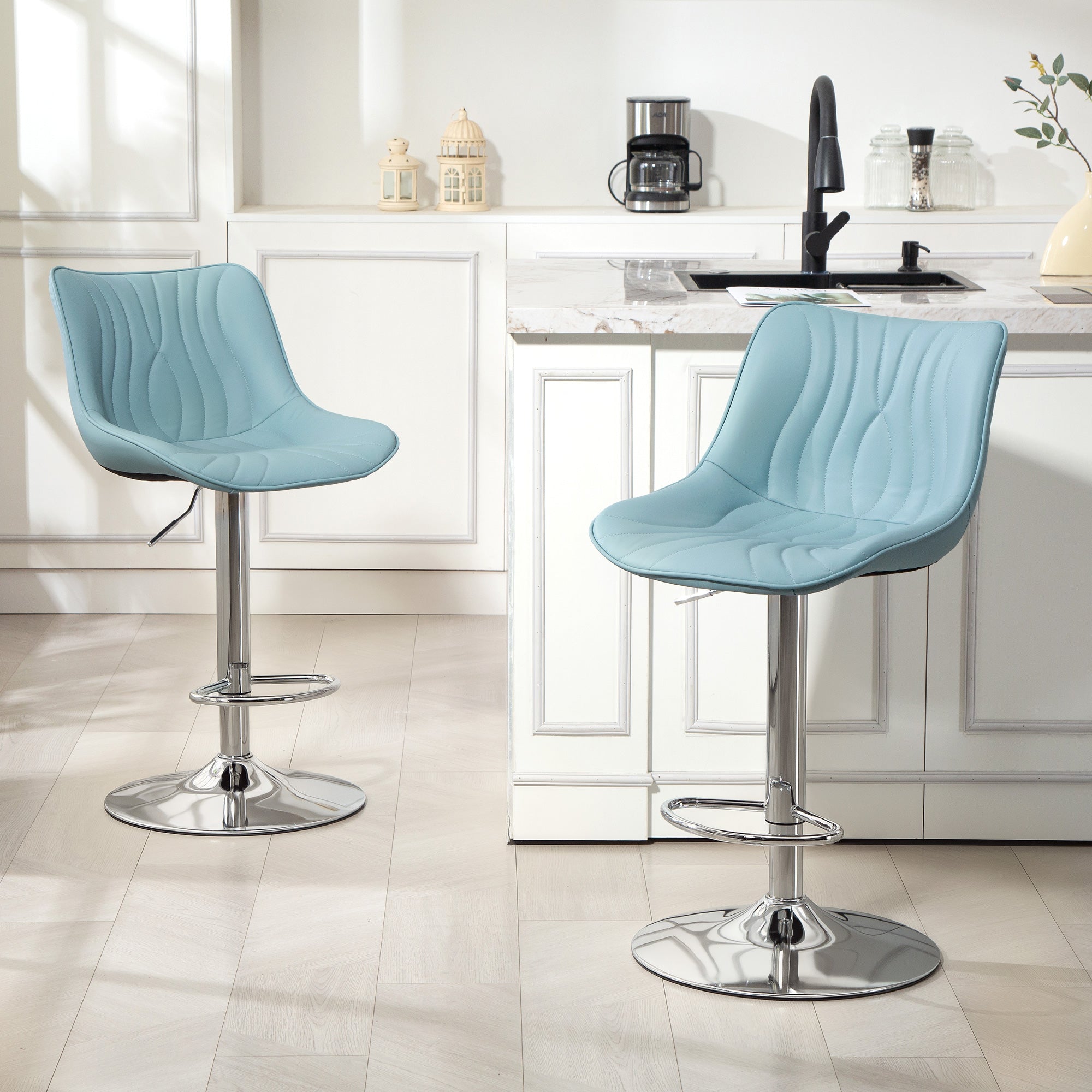Lot de 2 tabourets de bar, chaises de bar, structure en acier, hauteur réglable 92-110 cm, chaises hautes avec dossier et repose-pieds, design moderne, siège en polyuréthane, bleu foncé