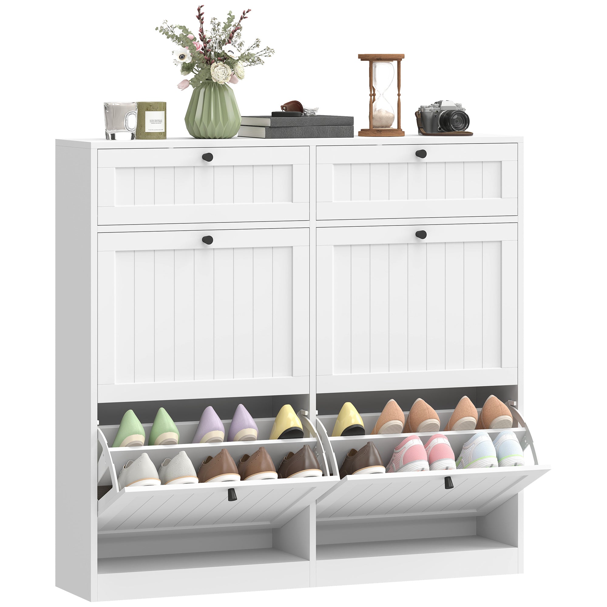 Meuble à chaussures 20 paires, armoire à chaussures étroite avec 4 tiroirs rabattables, 2 compartiments et étagères réglables, style rustique, pour couloir, entrée, 105 x 23,7 x 100 cm, blanc
