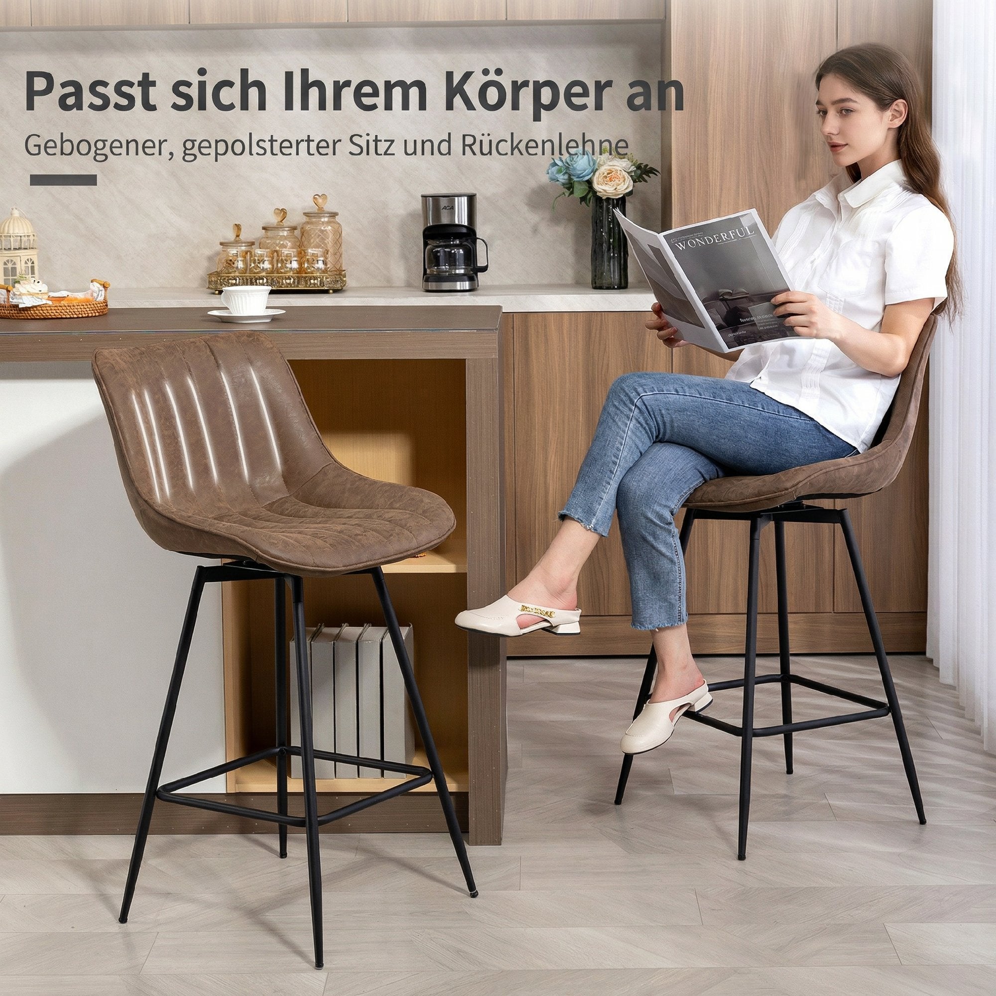 Lot de 2 Tabourets de Bar, Chaises de Bar Moderne en PU, Assise Rembourrée 68H cm à Pivotant à 360°, Dossier et Repose-Pieds, Pieds en Acier, Chaises Hautes Cuisine, Salle À Manger, Marron