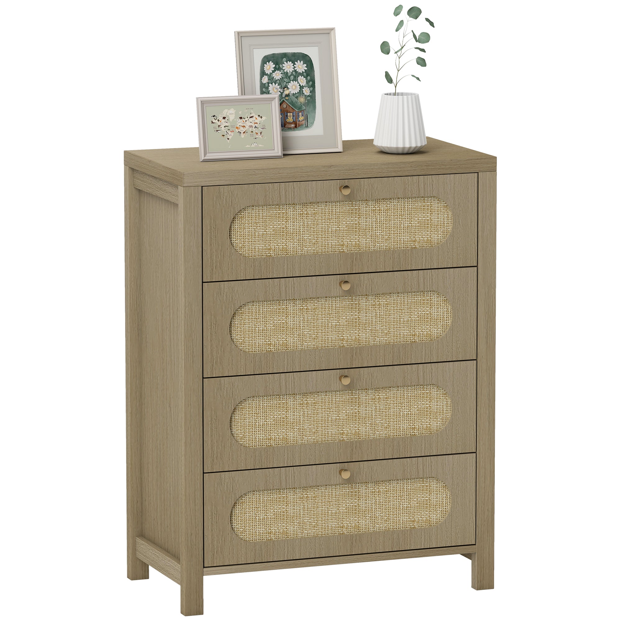 Commode 4 tiroirs meuble de rangement style bohémienne avec portes en résine tressée, poignées dorés, commode chambre à coucher, salon - 70 x 38 x 93 cm, effet bois naturel