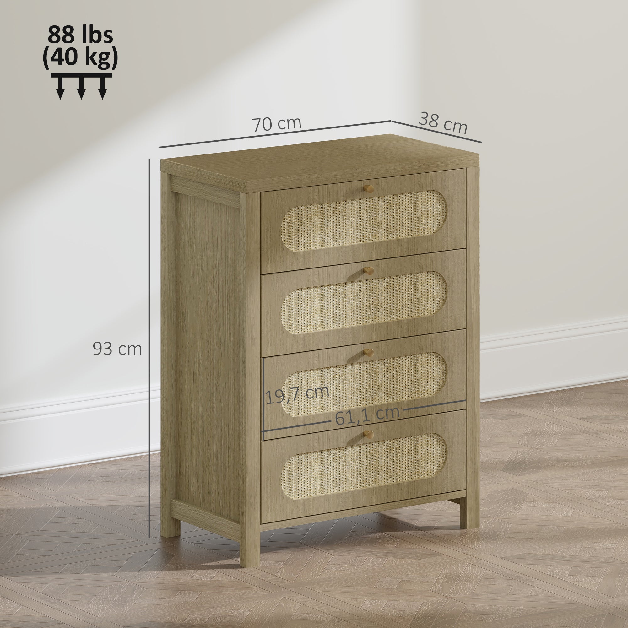 Commode 4 tiroirs meuble de rangement style bohémienne avec portes en résine tressée, poignées dorés, commode chambre à coucher, salon - 70 x 38 x 93 cm, effet bois naturel