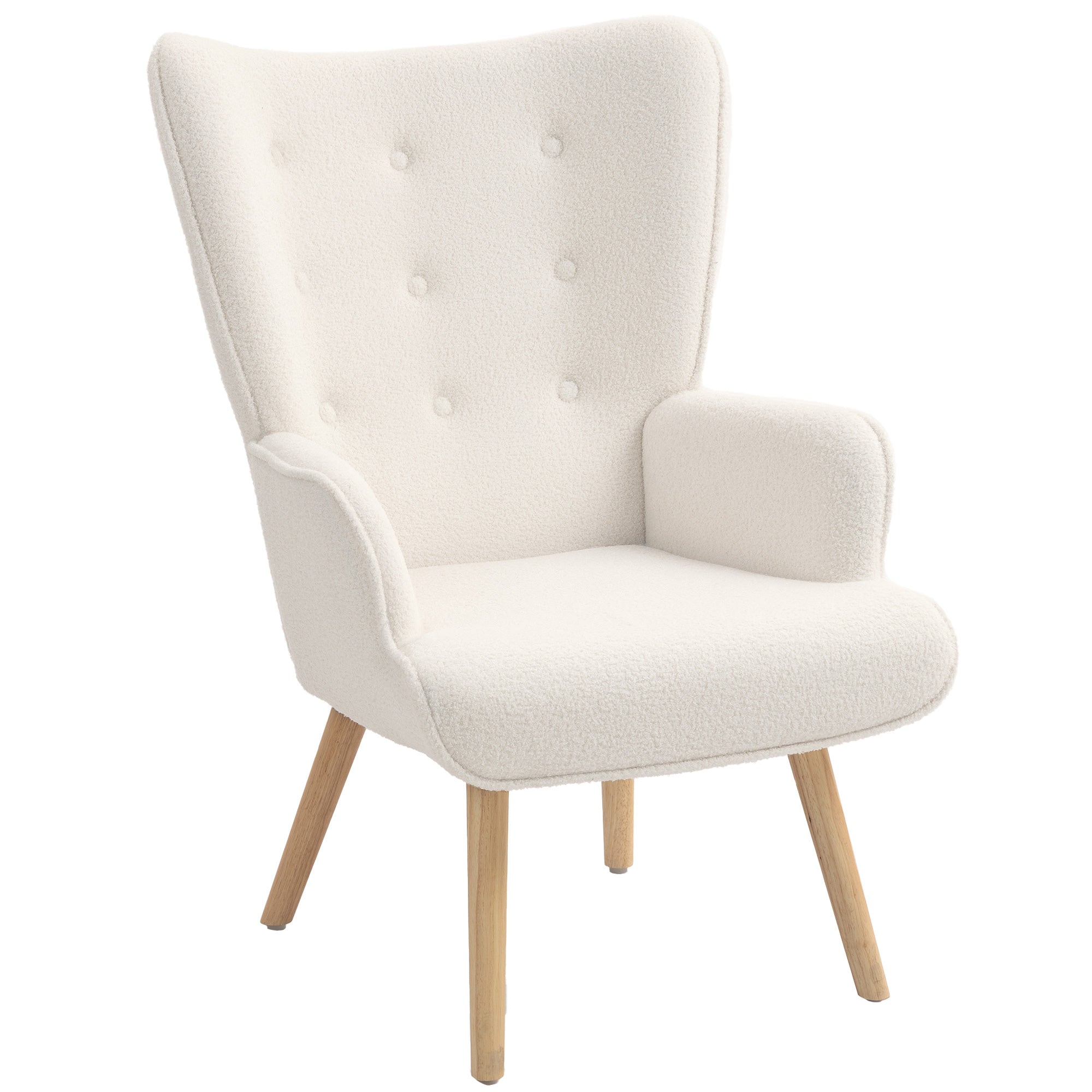 Fauteuil de salon en tissu bouclette, fauteuil moderne, capitonné et rembourré avec pieds en bois, accoudoirs et dossier ergonomique, pour salle à manger, salon, chambre, bureau, beige
