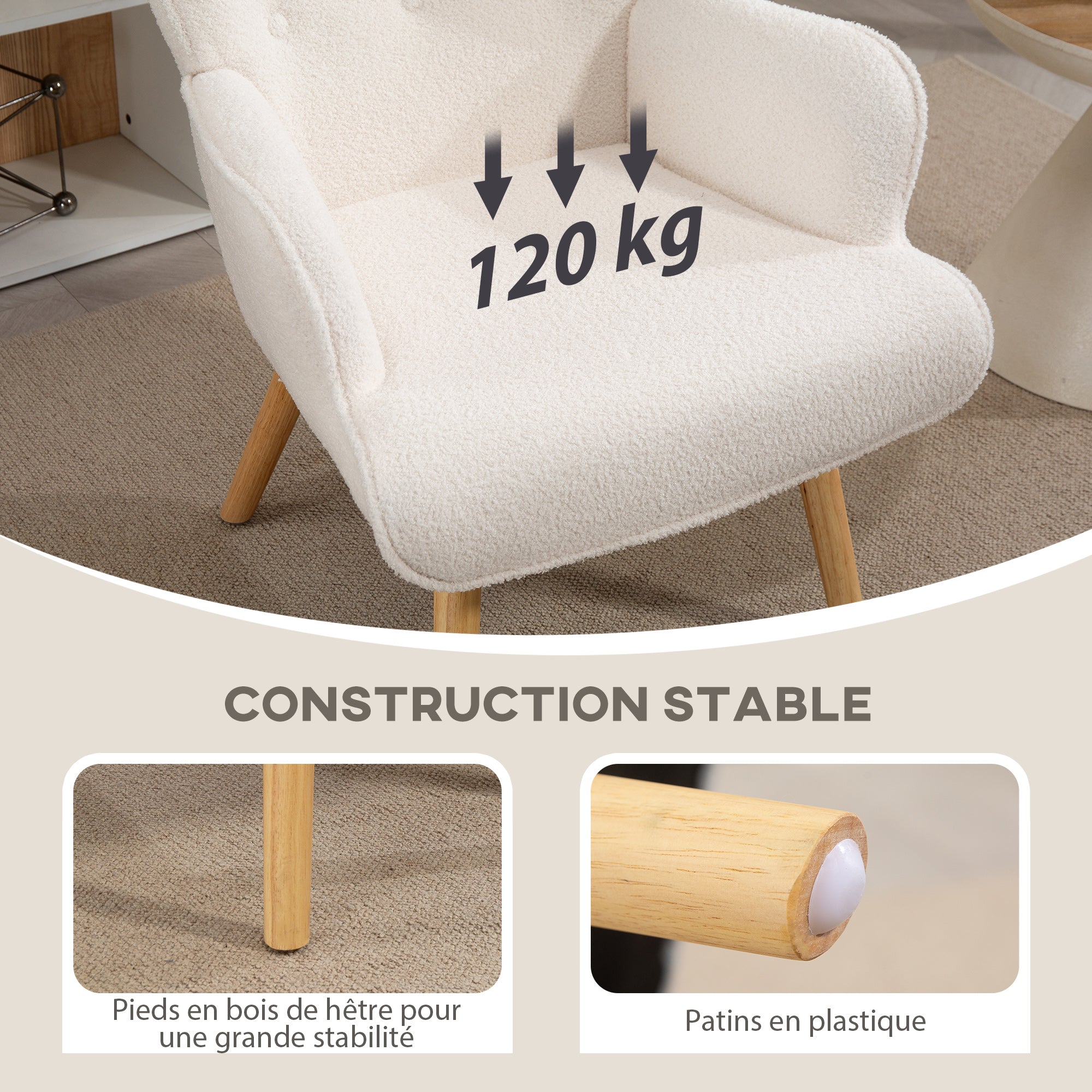 Fauteuil de salon en tissu bouclette, fauteuil moderne, capitonné et rembourré avec pieds en bois, accoudoirs et dossier ergonomique, pour salle à manger, salon, chambre, bureau, beige