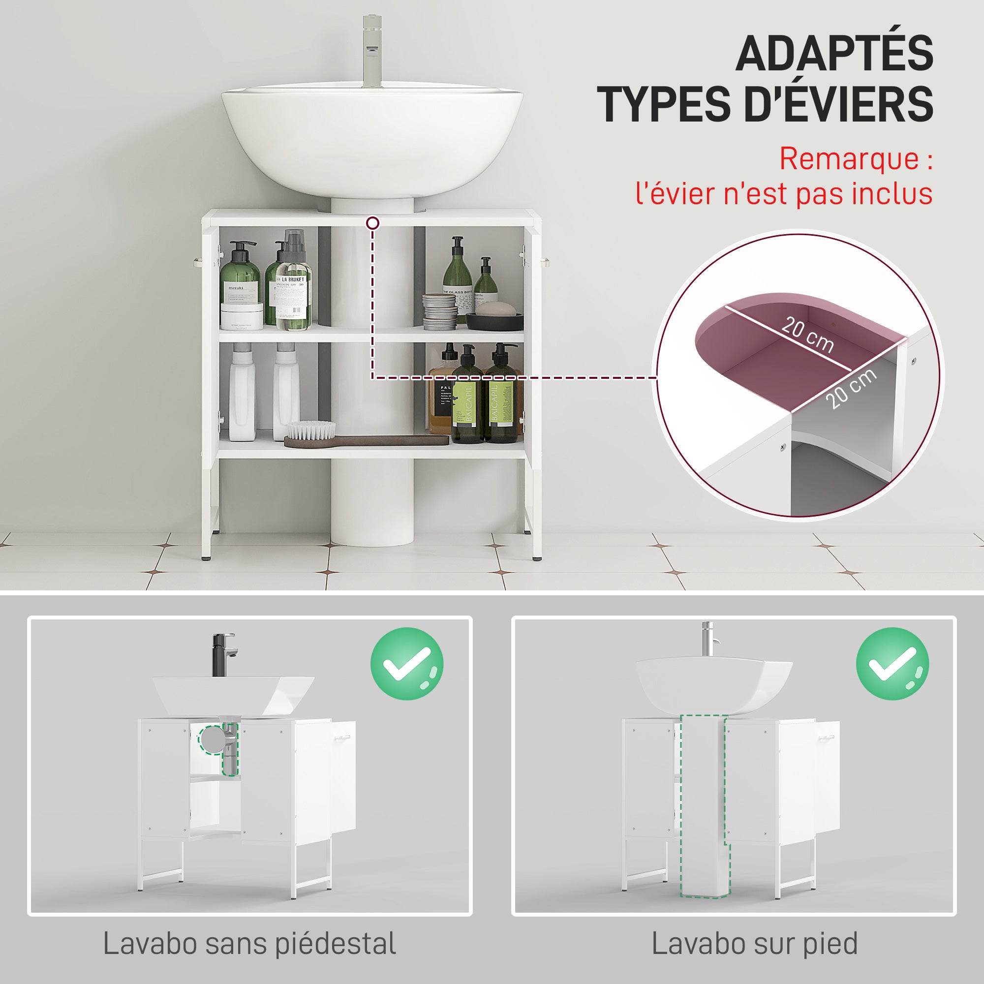 Meuble sous lavabo, meuble de salle de bain avec 2 portes à fermeture douce et étagère réglable, pieds en acier, armoire de salle de bains sous lavabo, 60 x 33 x 60,5 cm, blanc