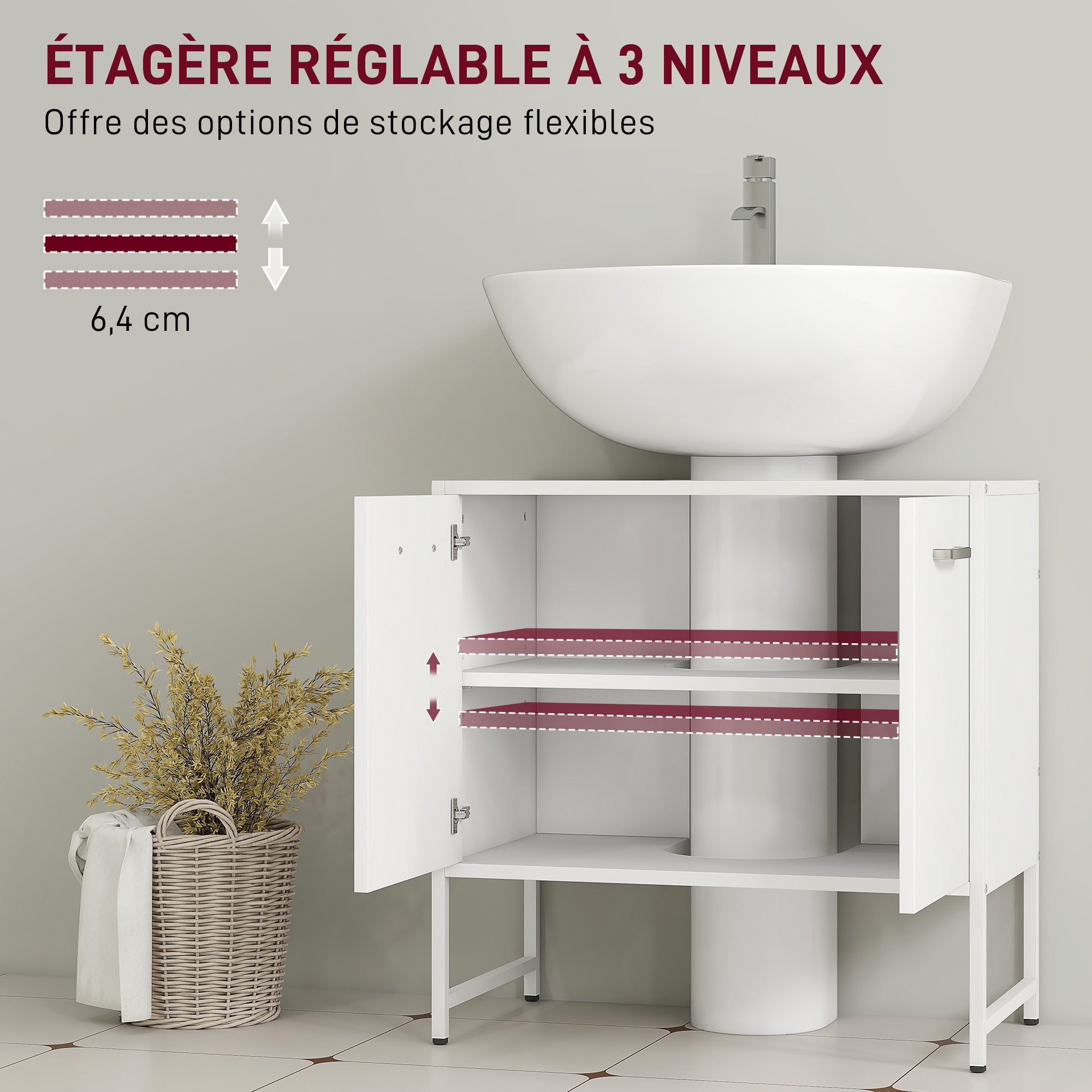 Meuble sous lavabo, meuble de salle de bain avec 2 portes à fermeture douce et étagère réglable, pieds en acier, armoire de salle de bains sous lavabo, 60 x 33 x 60,5 cm, blanc