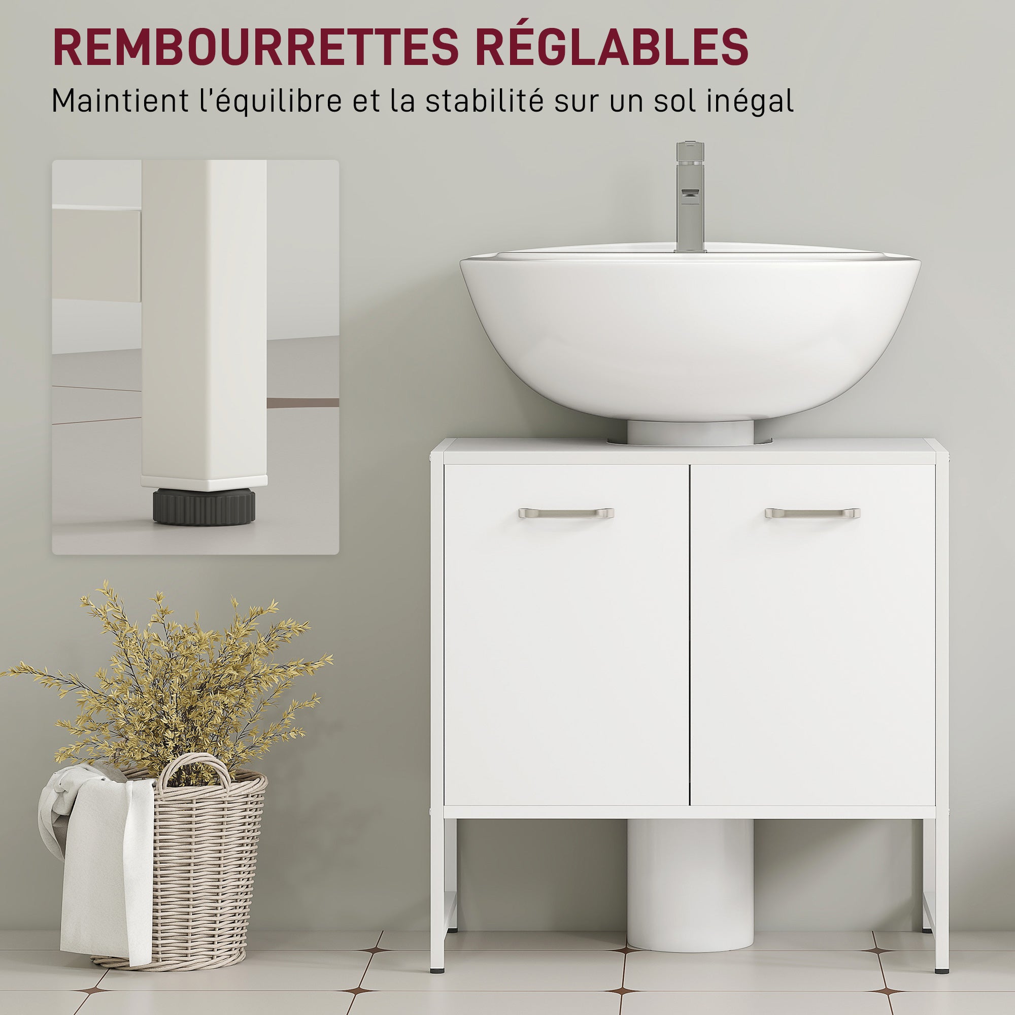 Meuble sous lavabo, meuble de salle de bain avec 2 portes à fermeture douce et étagère réglable, pieds en acier, armoire de salle de bains sous lavabo, 60 x 33 x 60,5 cm, blanc