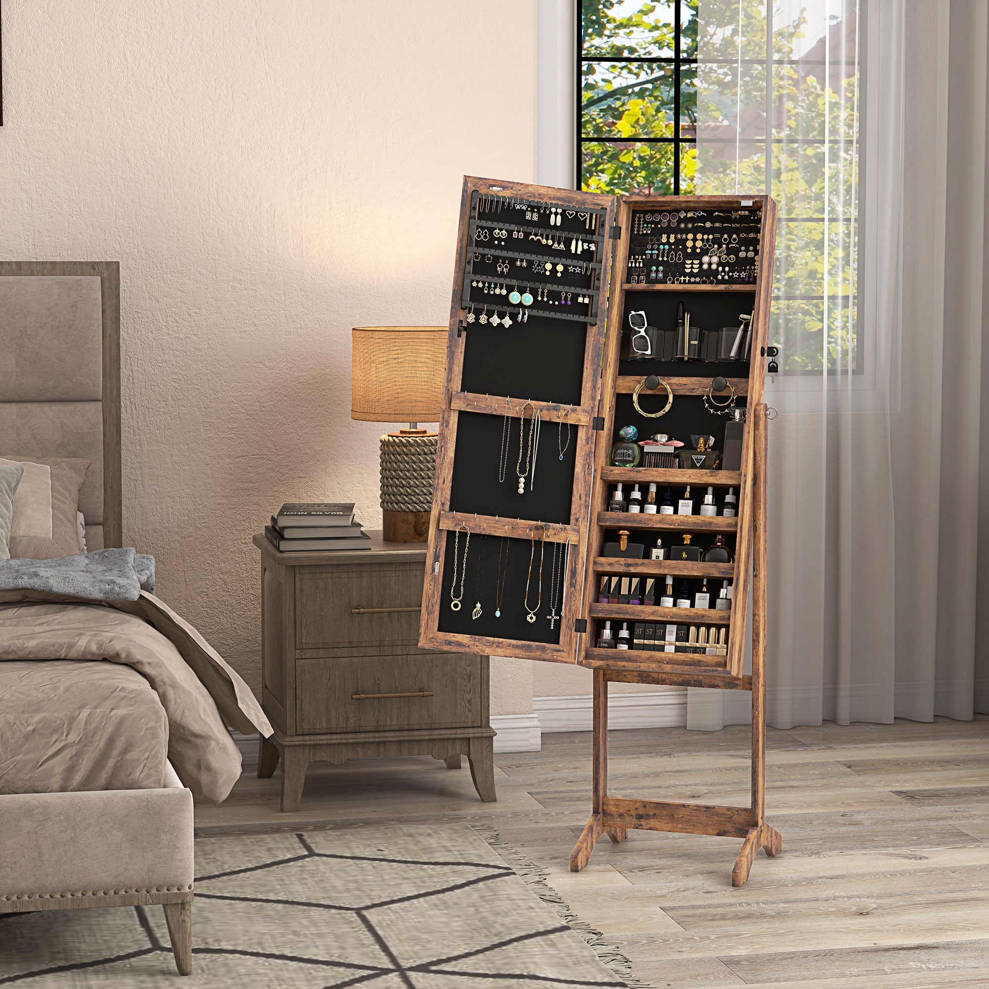 Armoire à bijoux LED avec miroir sur pied range bijoux avec éclairage à écran tactile marron