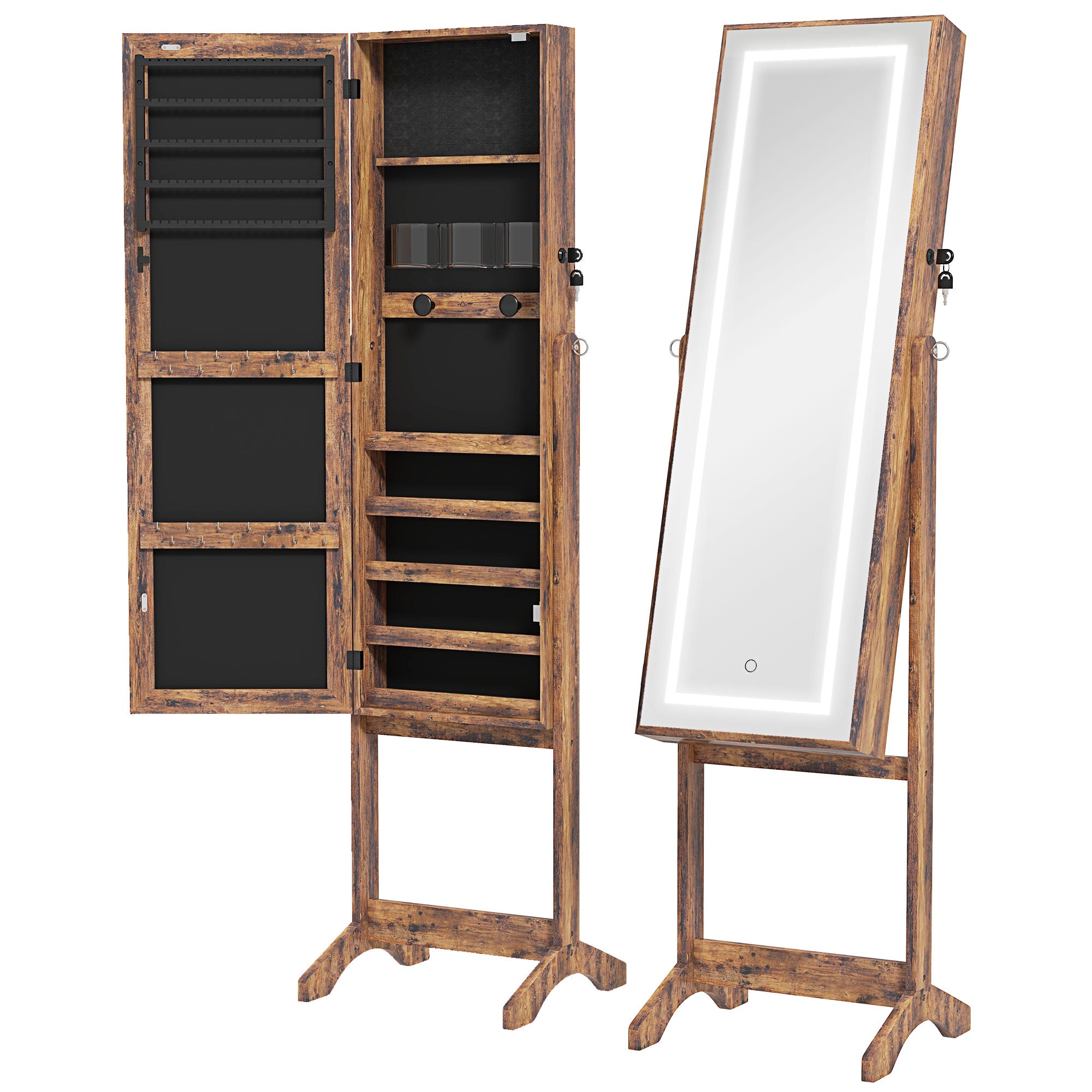 Armoire à bijoux LED avec miroir sur pied range bijoux avec éclairage à écran tactile marron