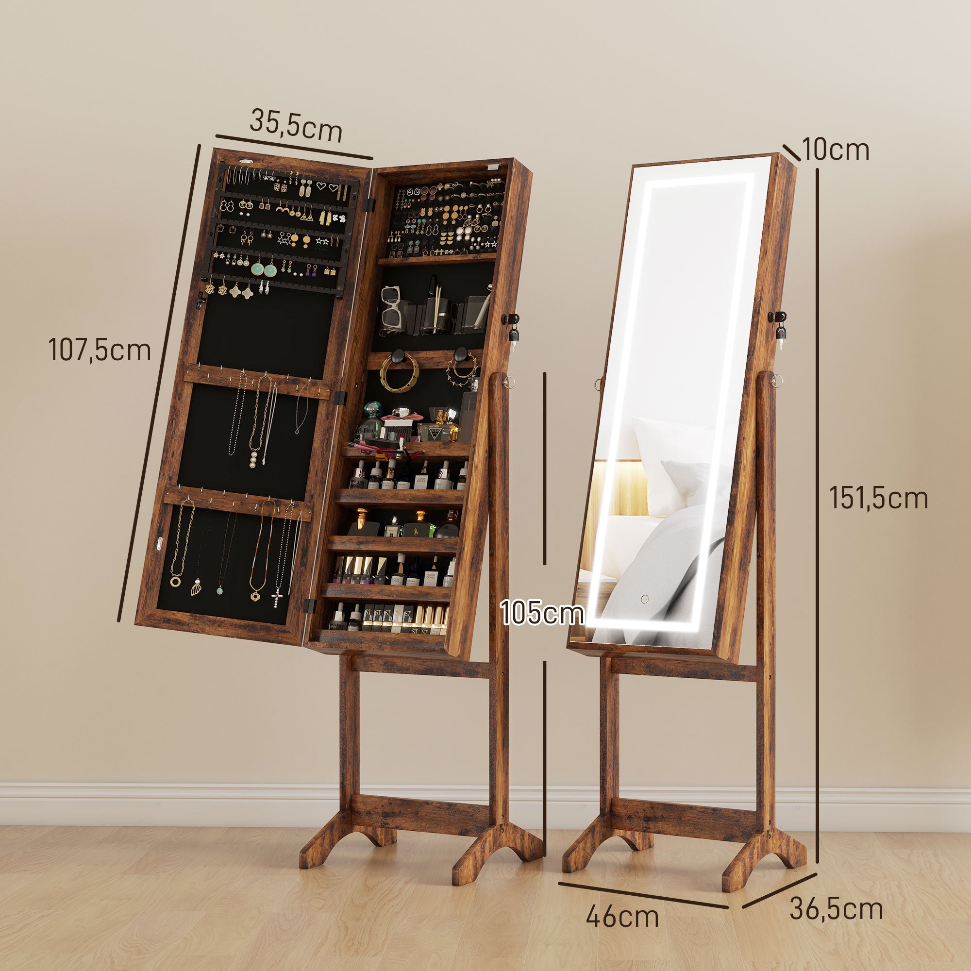 Armoire à bijoux LED avec miroir sur pied range bijoux avec éclairage à écran tactile marron