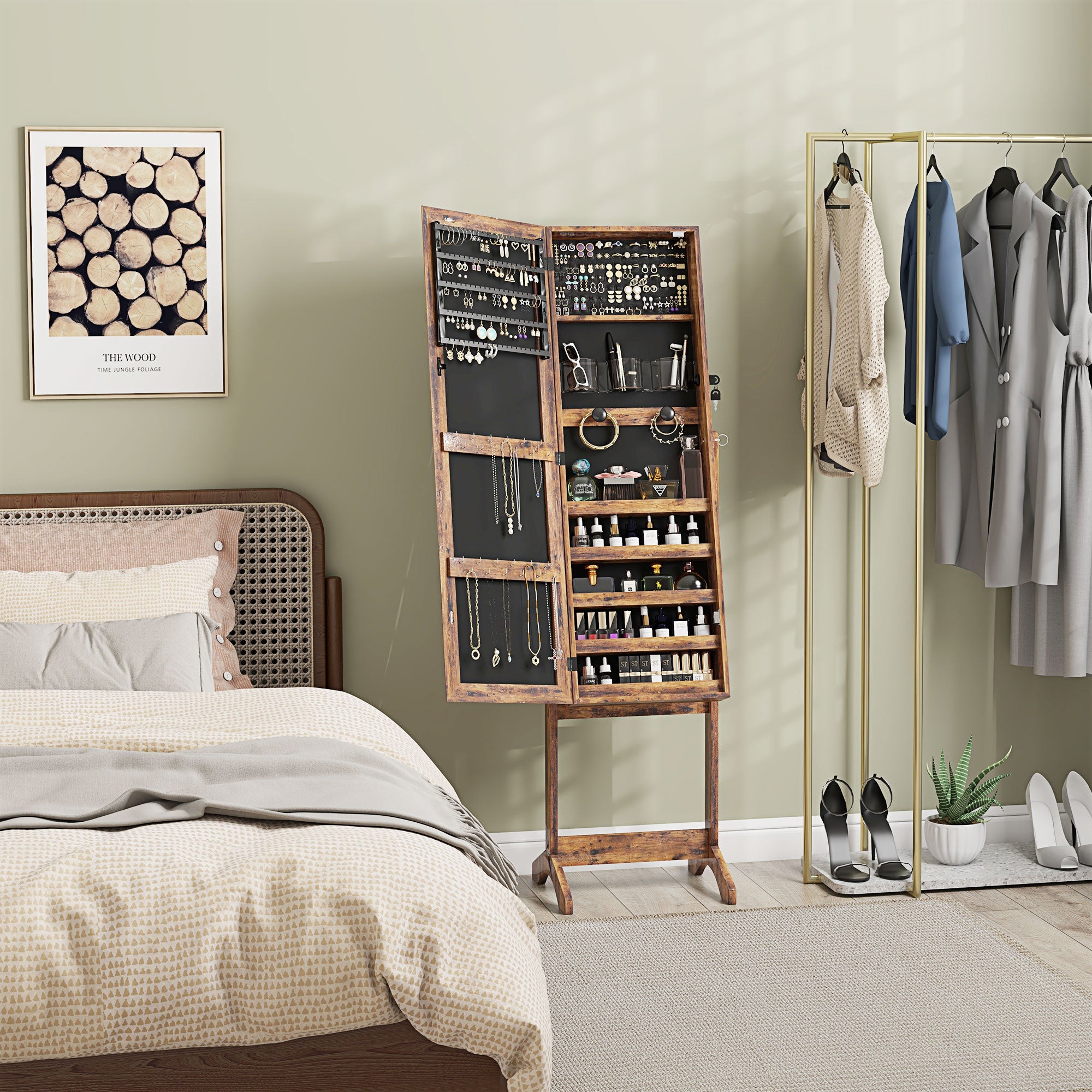 Armoire à bijoux LED avec miroir sur pied range bijoux avec éclairage à écran tactile marron