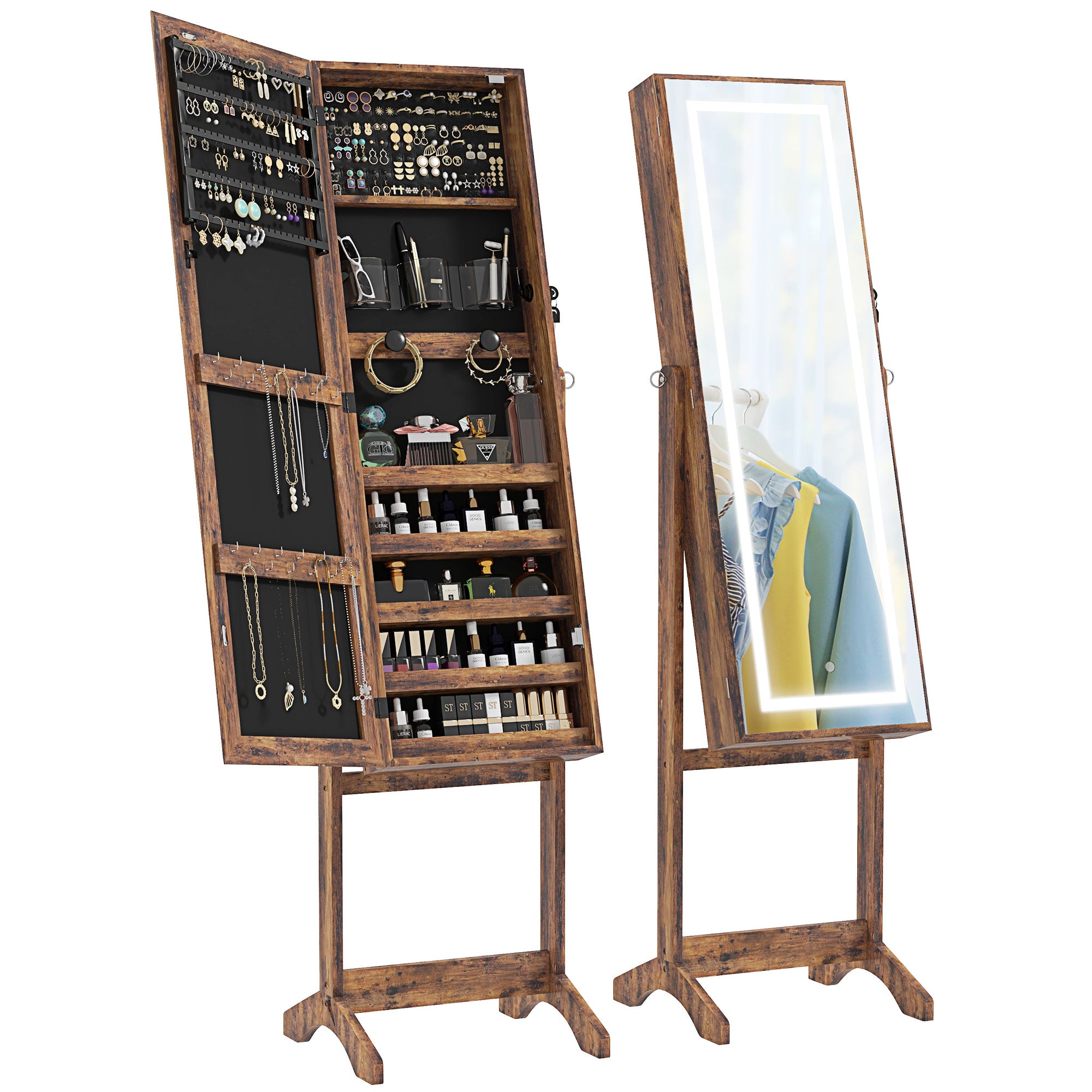 Armoire à bijoux LED avec miroir sur pied range bijoux avec éclairage à écran tactile marron