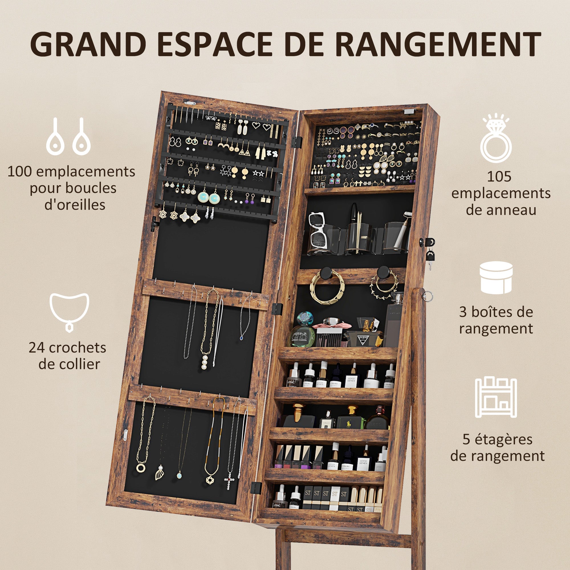 Armoire à bijoux LED avec miroir sur pied range bijoux avec éclairage à écran tactile marron