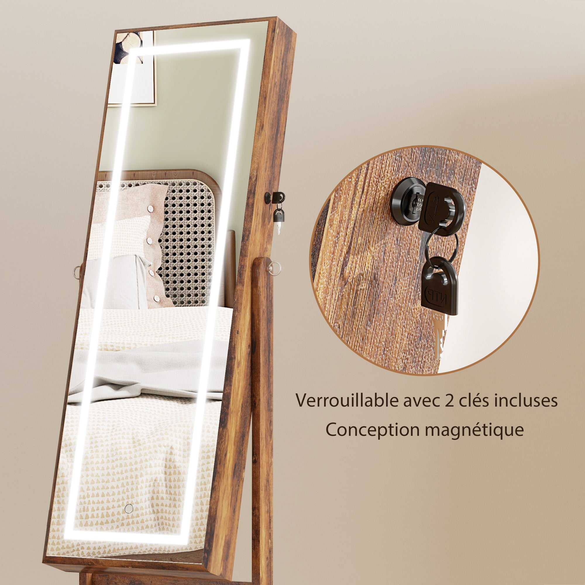 Armoire à bijoux LED avec miroir sur pied range bijoux avec éclairage à écran tactile marron