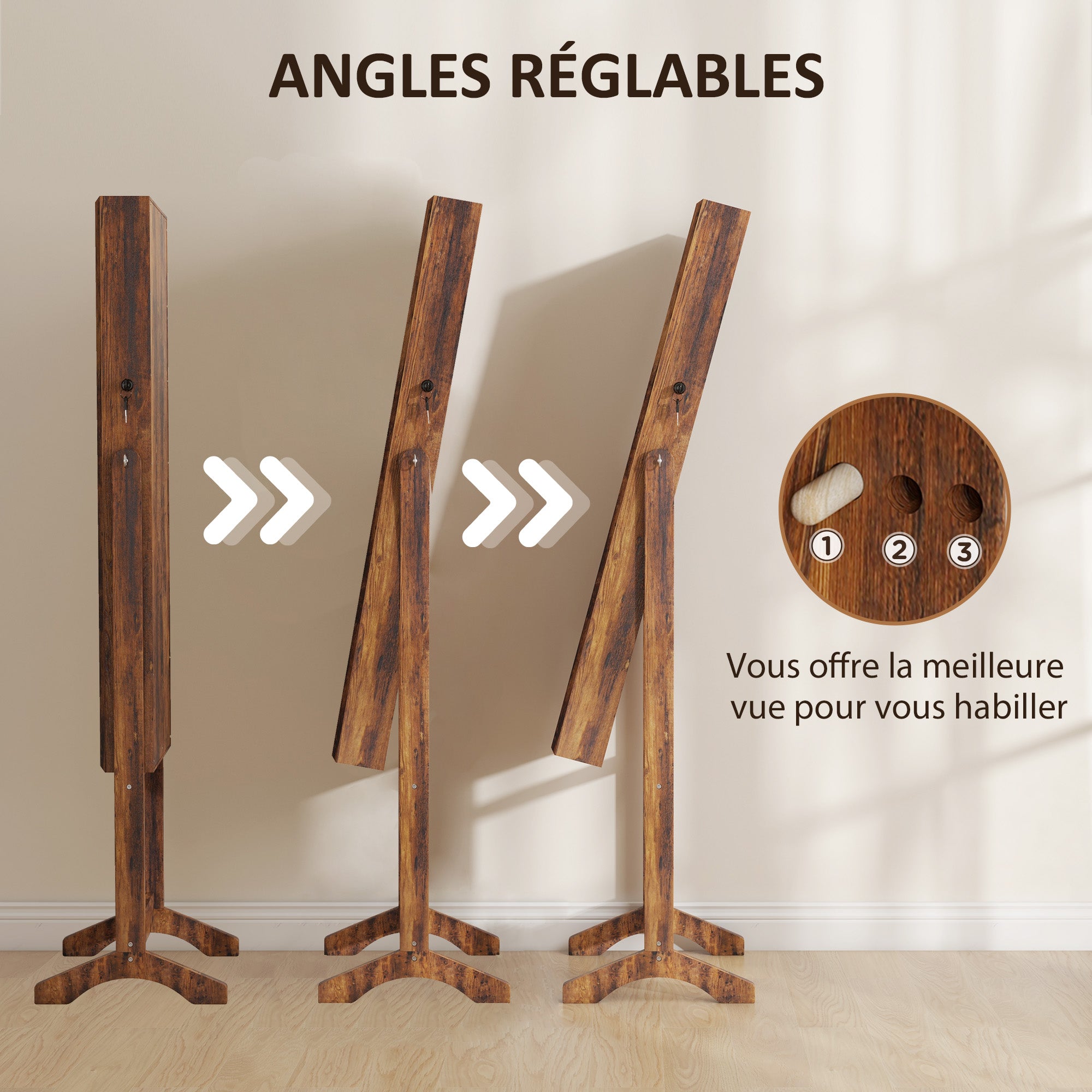 Armoire à bijoux LED avec miroir sur pied range bijoux avec éclairage à écran tactile marron