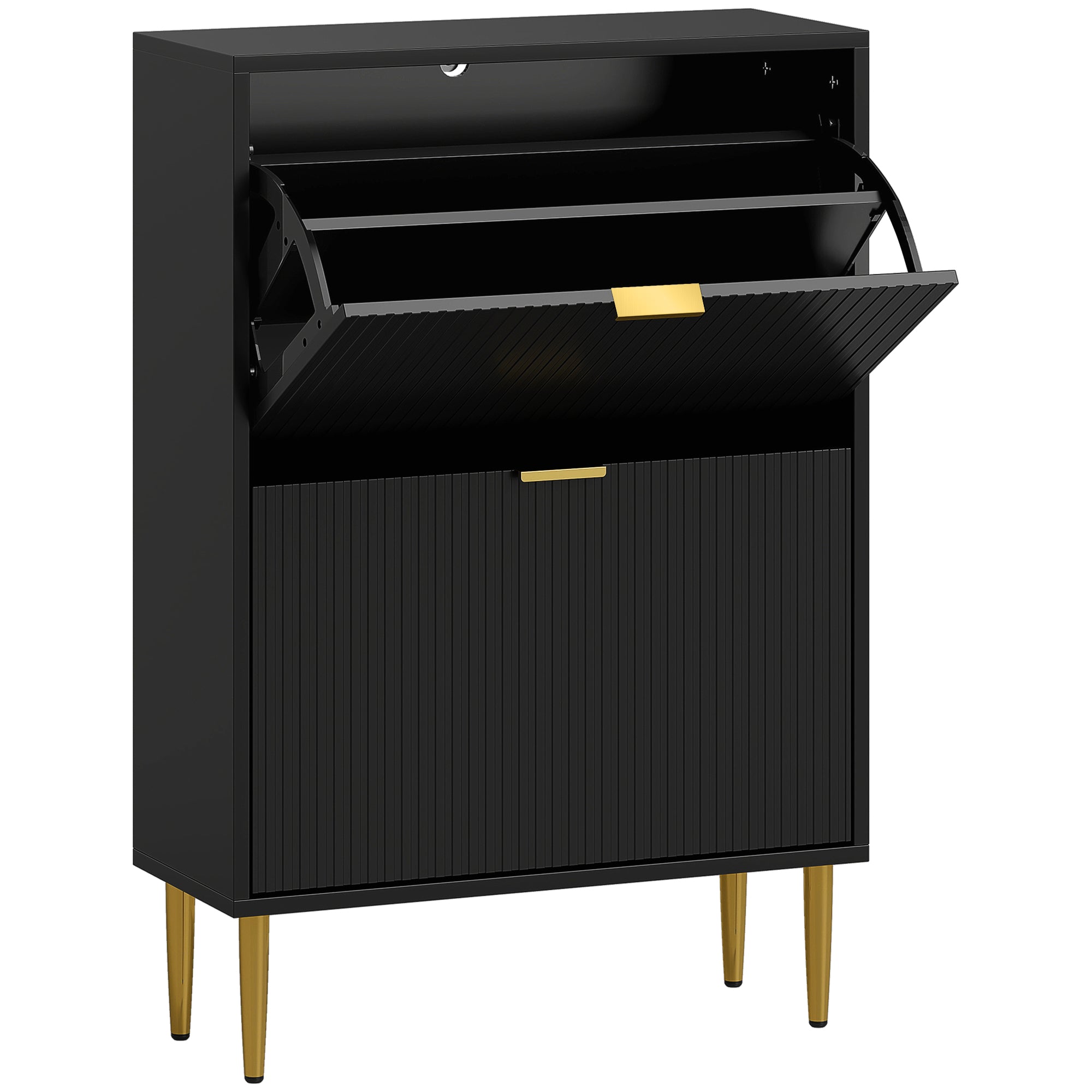 Meuble à chaussures 12 paires, armoire à chaussures étroite moderne avec 2 tiroirs rabattables, portes cannelées et étagères réglables, pour couloir et entrée, 60 x 24 x 91,5 cm, noir