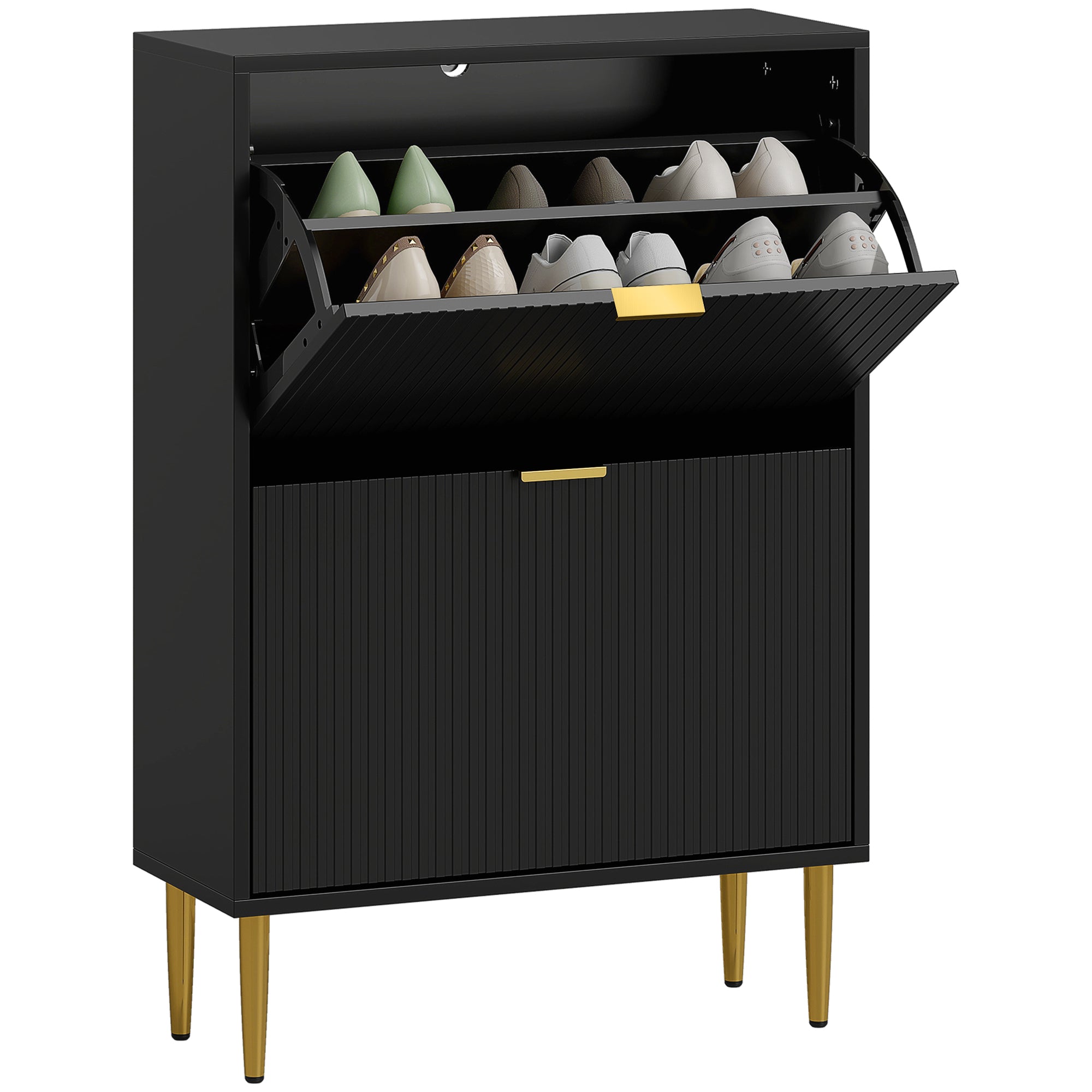 Meuble à chaussures 12 paires, armoire à chaussures étroite moderne avec 2 tiroirs rabattables, portes cannelées et étagères réglables, pour couloir et entrée, 60 x 24 x 91,5 cm, noir