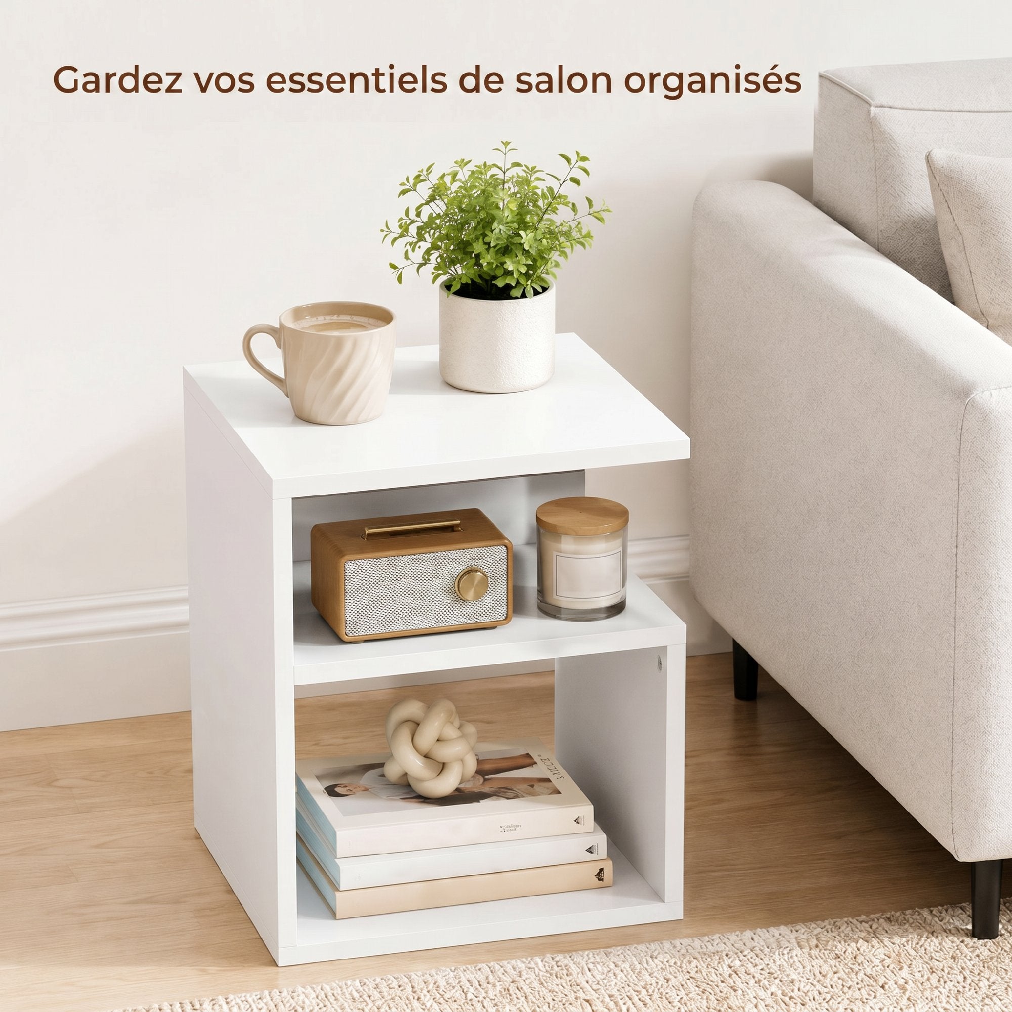 Table d'Appoint, Table Basse Moderne 3 Niveaux avec Étagères Ouvertes, pour Salon, Chambre ou Bureau, 35 x 35 x 41,5 cm, Blanc