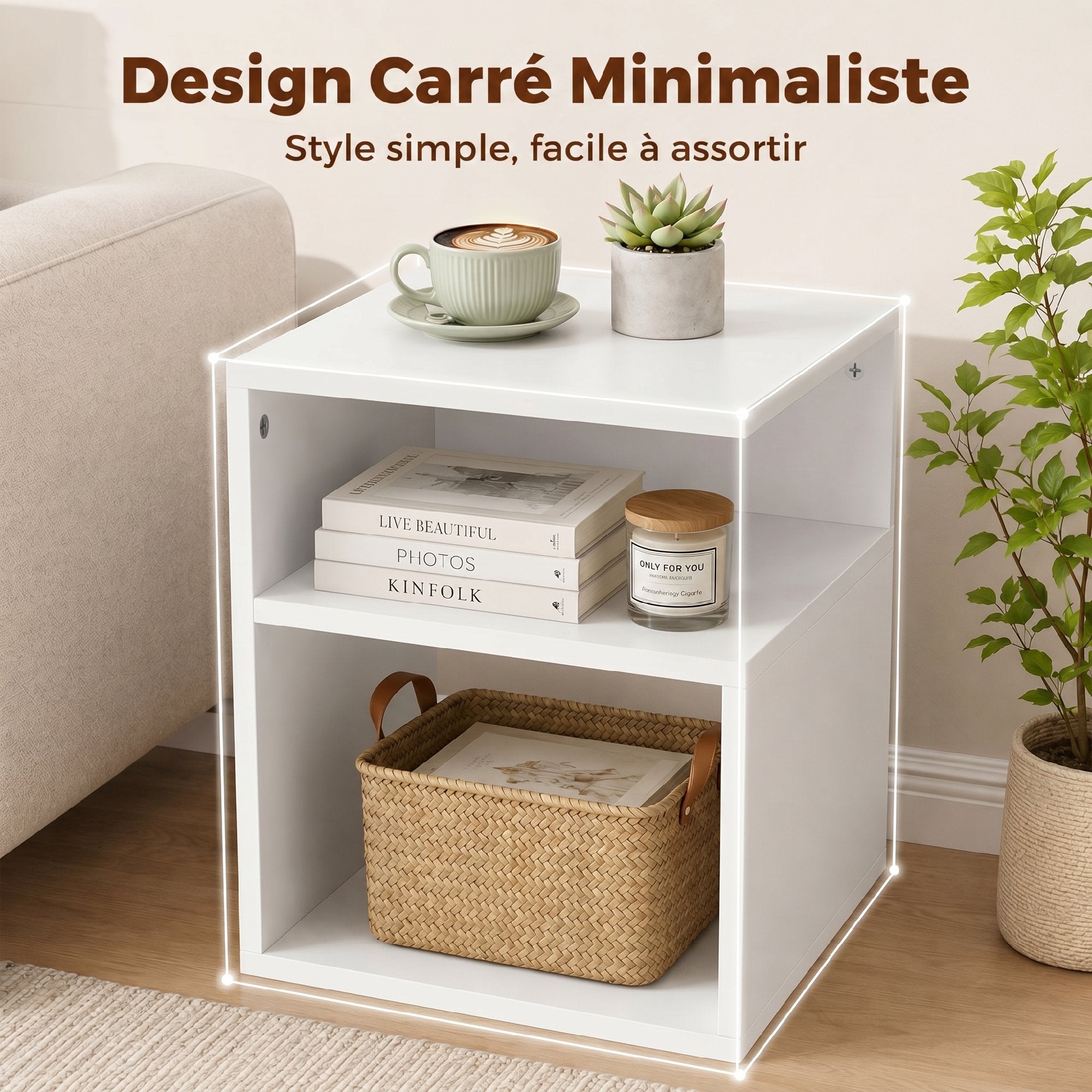 Table d'Appoint, Table Basse Moderne 3 Niveaux avec Étagères Ouvertes, pour Salon, Chambre ou Bureau, 35 x 35 x 41,5 cm, Blanc
