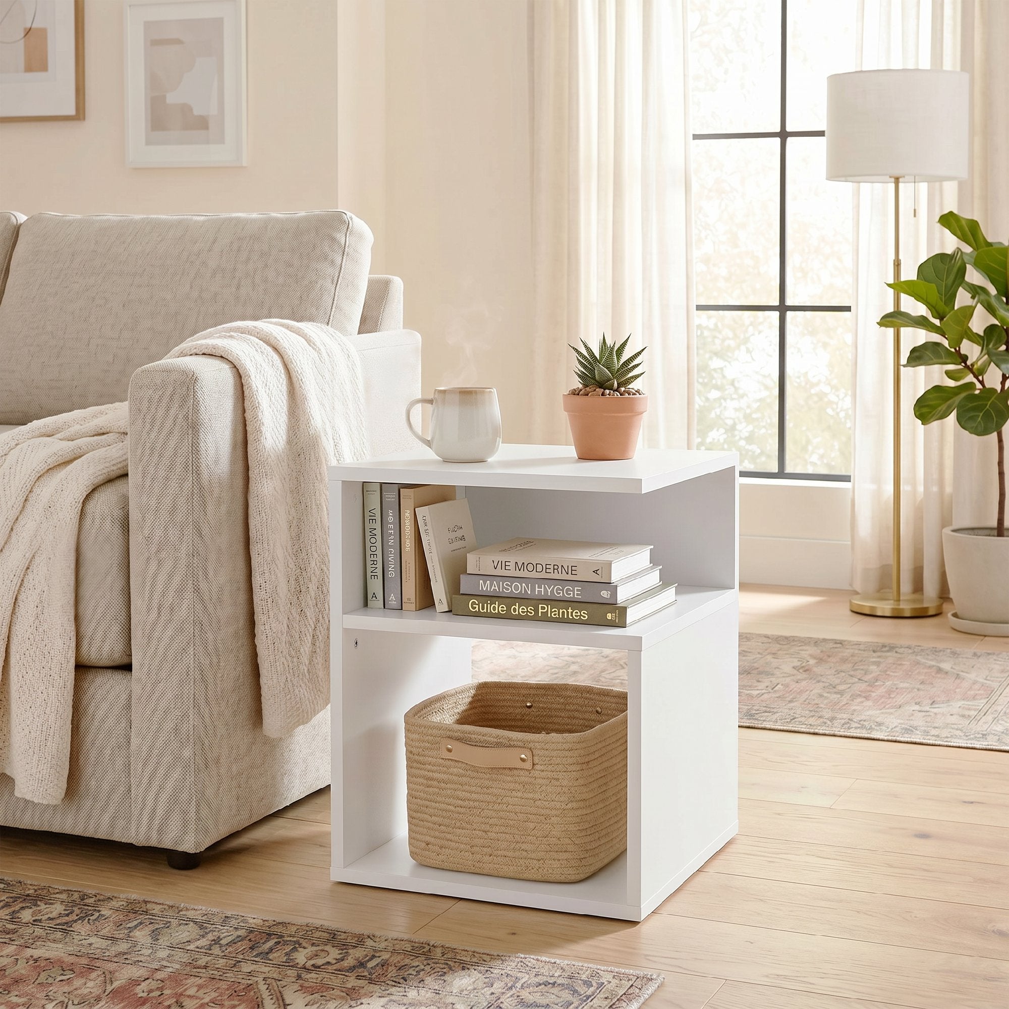 Table d'Appoint, Table Basse Moderne 3 Niveaux avec Étagères Ouvertes, pour Salon, Chambre ou Bureau, 35 x 35 x 41,5 cm, Blanc