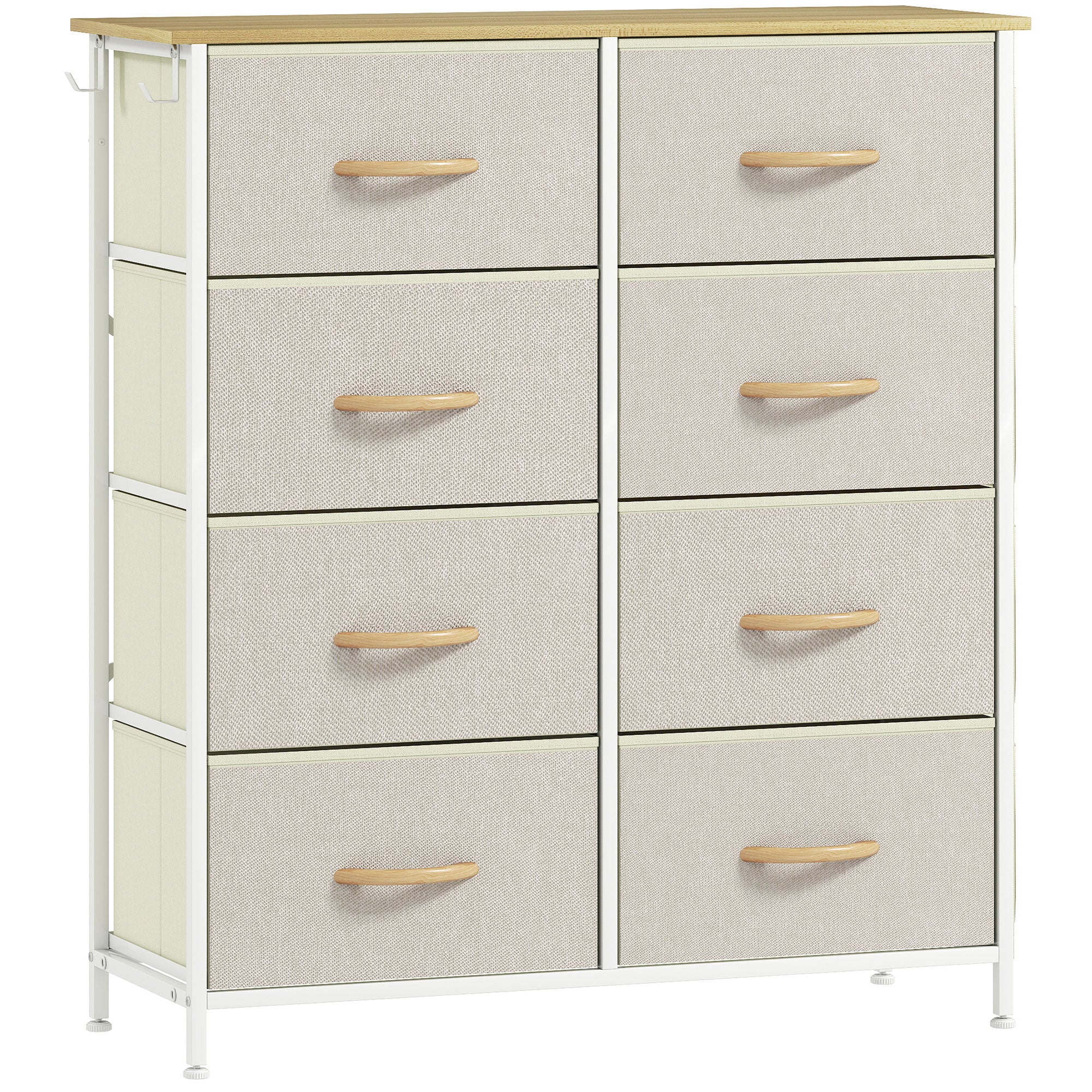 Commode 8 tiroirs en tissu, meuble de rangement avec 4 poches, 2 crochets, structure en acier, chiffonnier pour salon, chambre, entrée, beige