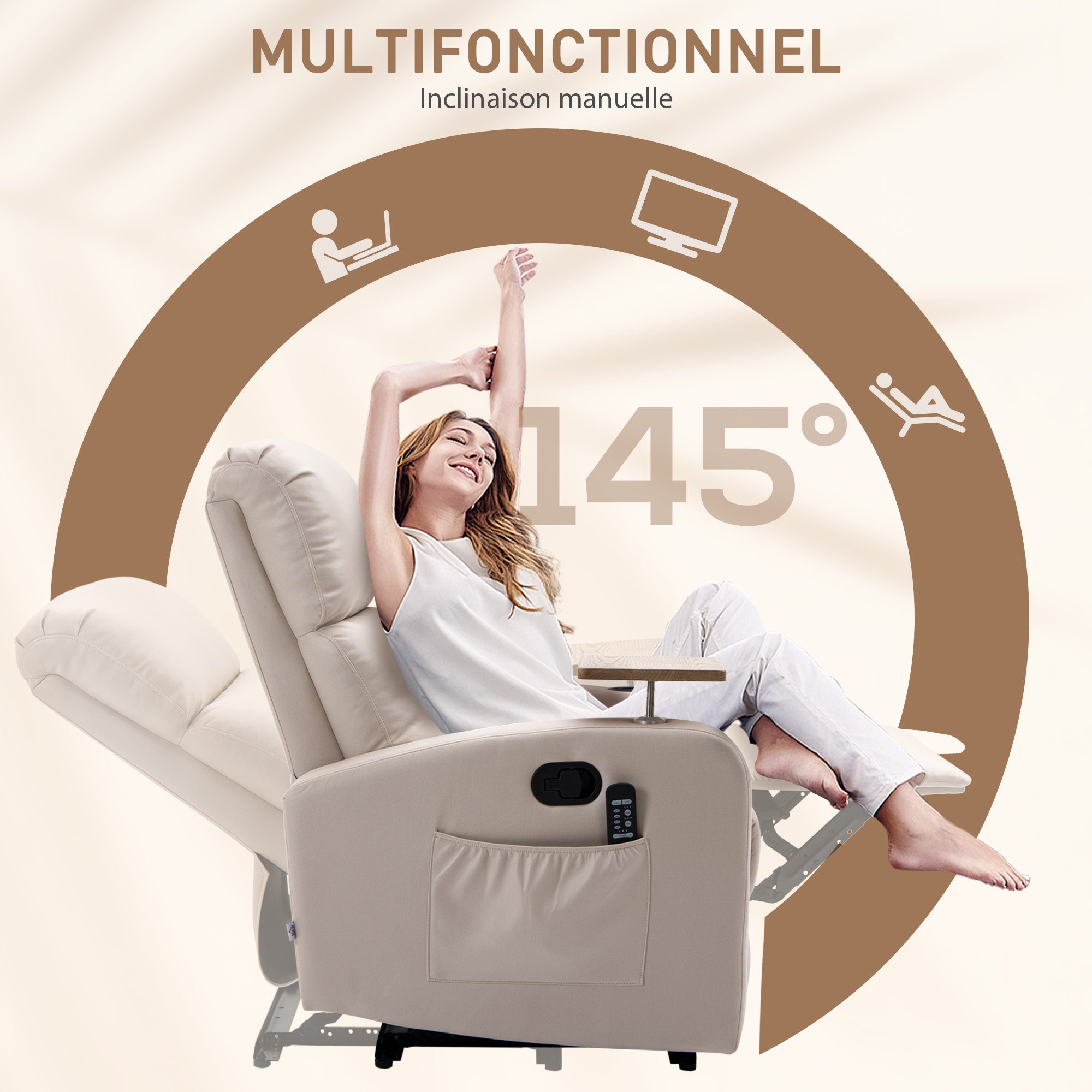 Fauteuil Relax Électrique Fauteuil Massant Inclinable avec Tablette, Poches latérales et Télécommande pour Salon et Chambre- en Microfibre Beige