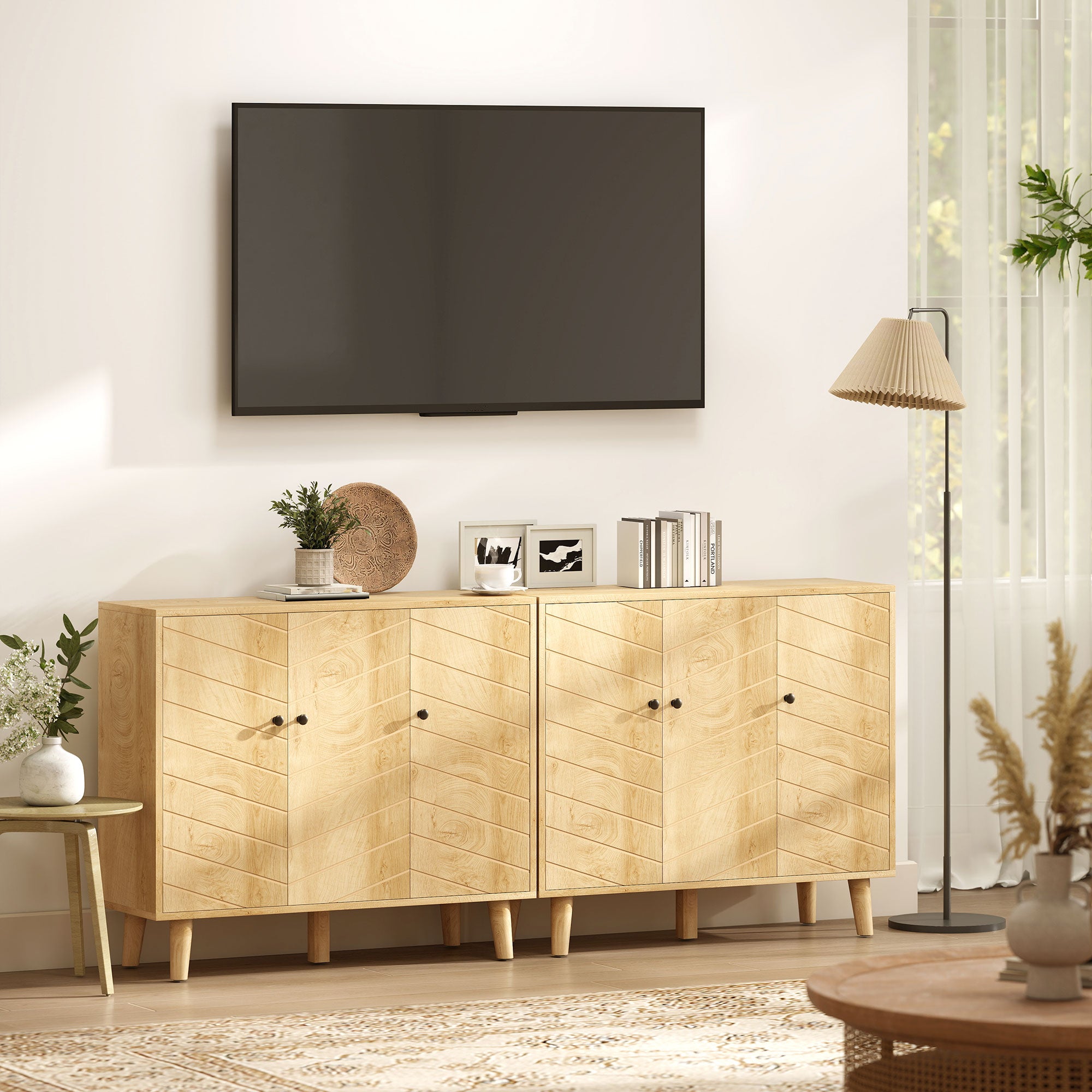 Buffet Cuisine, Meuble de Rangement avec 3 Portes à Motif Chevron et Pieds en Bois de Pin, Style Moderne, Buffet Salle à Manger, Salon et Chambre, 88,3 x 30 x 76 cm, Bois Naturel