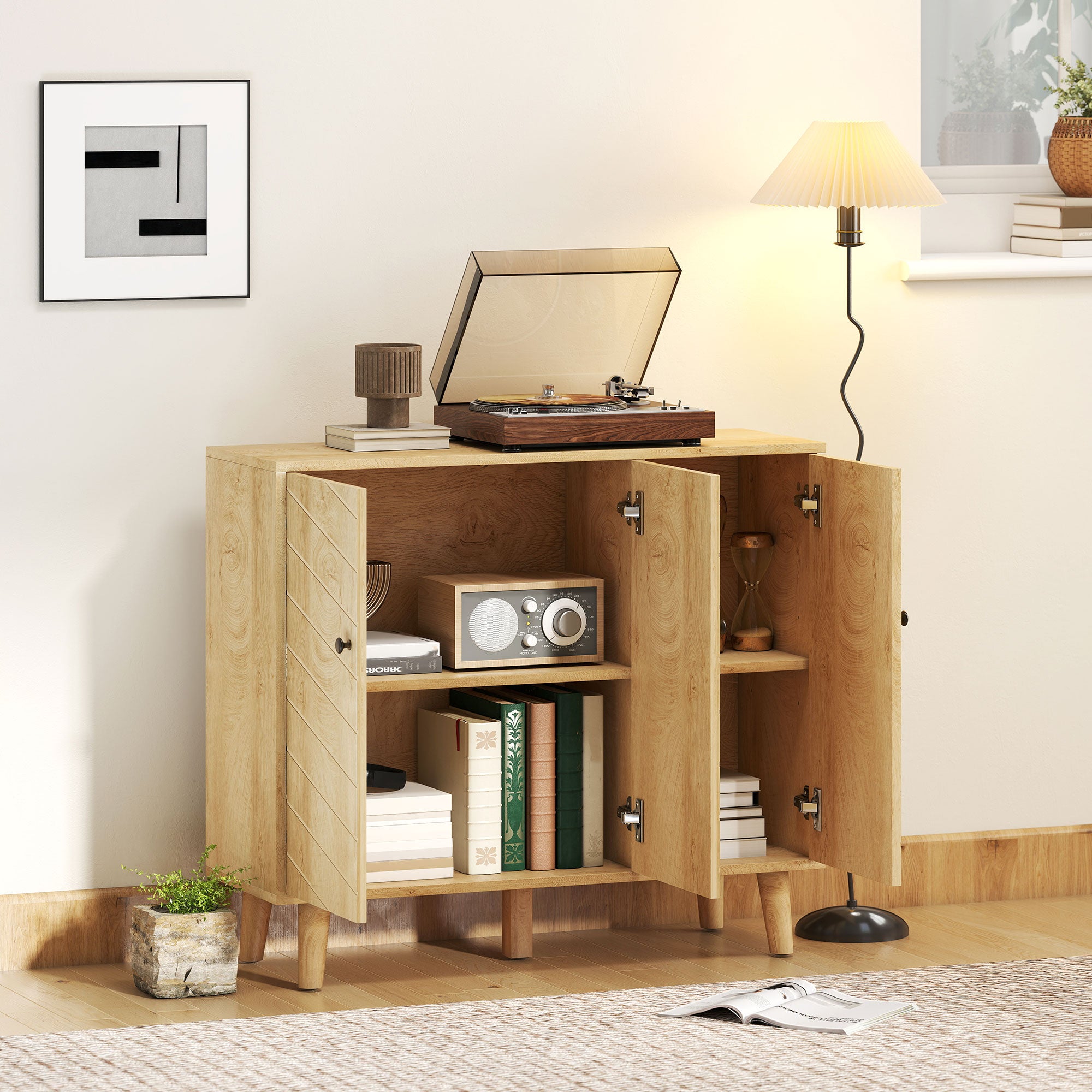 Buffet Cuisine, Meuble de Rangement avec 3 Portes à Motif Chevron et Pieds en Bois de Pin, Style Moderne, Buffet Salle à Manger, Salon et Chambre, 88,3 x 30 x 76 cm, Bois Naturel