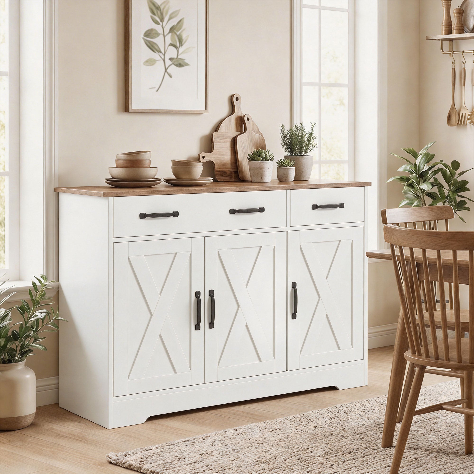 Buffet Cuisine, Meuble de Rangement avec 3 Portes de Grange, 2 Tiroirs et Étagères Réglables, Meuble TV pour Téléviseurs Jusqu'à 50 Pouces, pour Salon et Chambre, 108 x 40 x 81 cm, Blanc