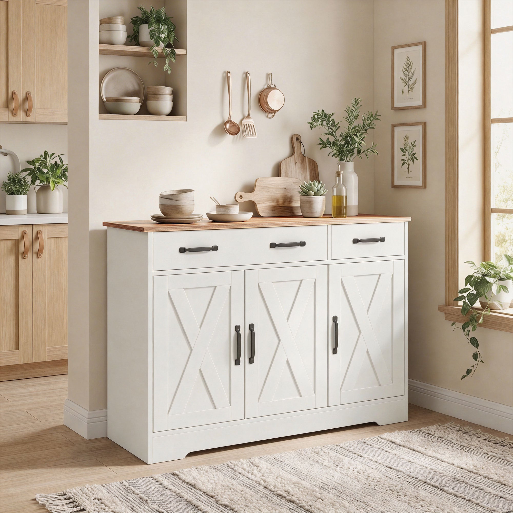 Buffet Cuisine, Meuble de Rangement avec 3 Portes de Grange, 2 Tiroirs et Étagères Réglables, Meuble TV pour Téléviseurs Jusqu'à 50 Pouces, pour Salon et Chambre, 108 x 40 x 81 cm, Blanc