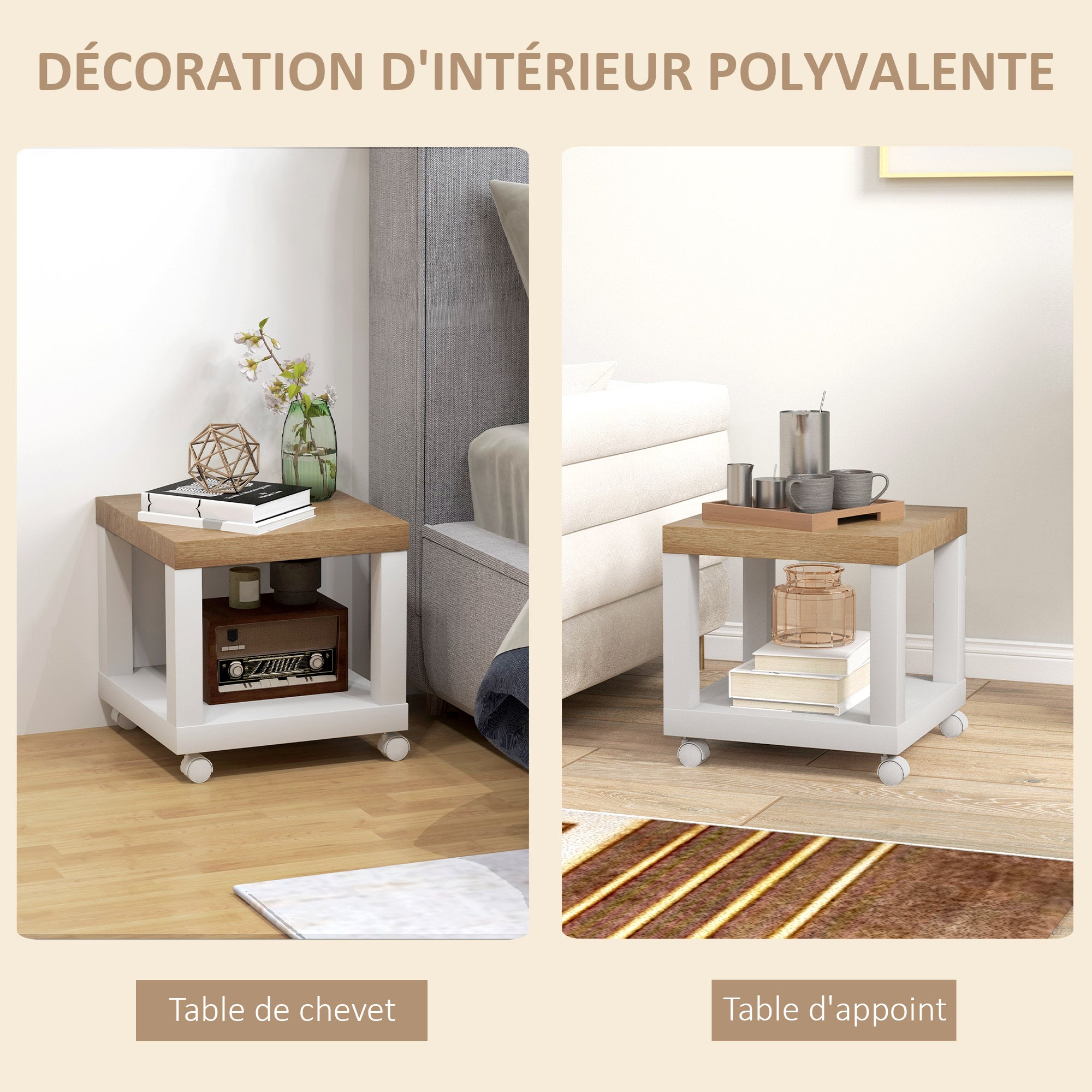 Table d'Appoint Roulante, Table Basse Moderne avec Étagère Ouverte, pour Salon, Chambre ou Bureau, 40 x 40 x 40 cm, Bois Naturel & Blanc
