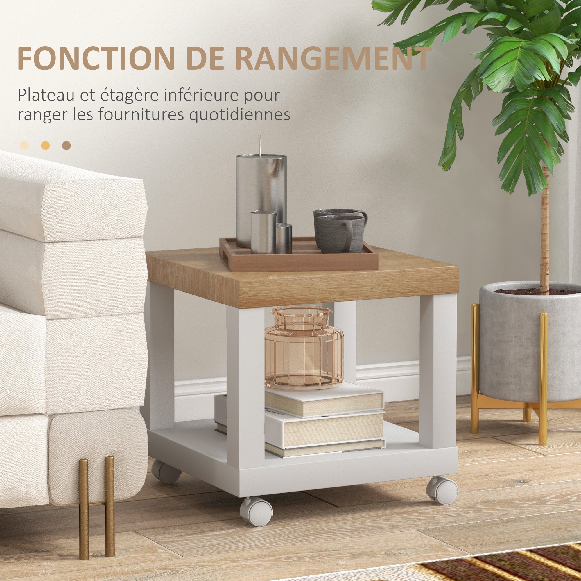 Table d'Appoint Roulante, Table Basse Moderne avec Étagère Ouverte, pour Salon, Chambre ou Bureau, 40 x 40 x 40 cm, Bois Naturel & Blanc