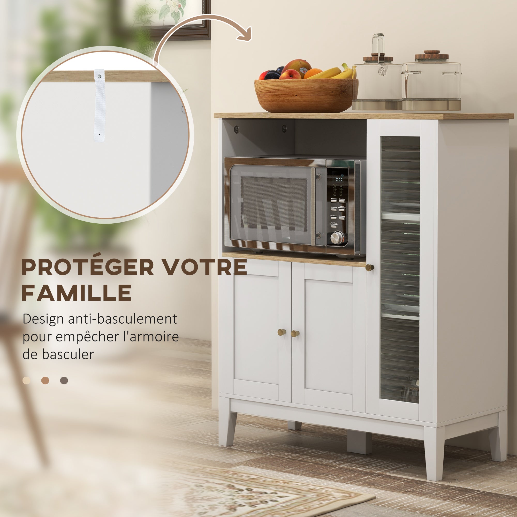 Meuble micro-ondes, armoire de cuisine, buffet, avec 1 niche 3 portes, passe-câbles, pour cuisine, salle à manger, salon, 80 x 35 x 97 cm, verre trempé, blanc et aspect bois