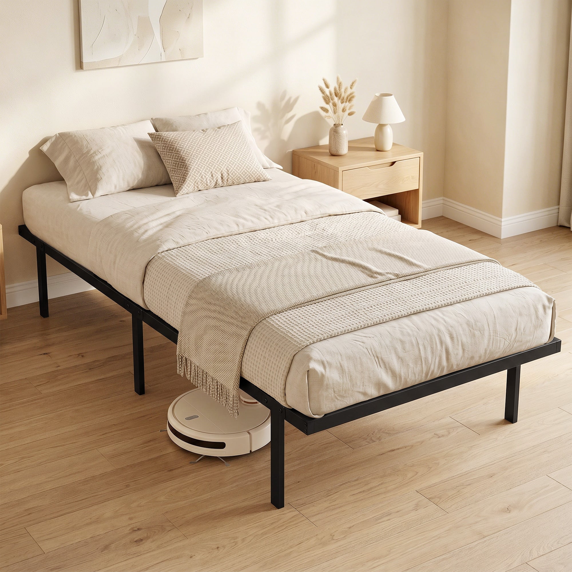 Cadre de lit 90 x 200 cm avec sommier, lit simple avec support à lattes en métal, rangement au-dessous de 35,5H cm, sans bruit, montage facile, noir