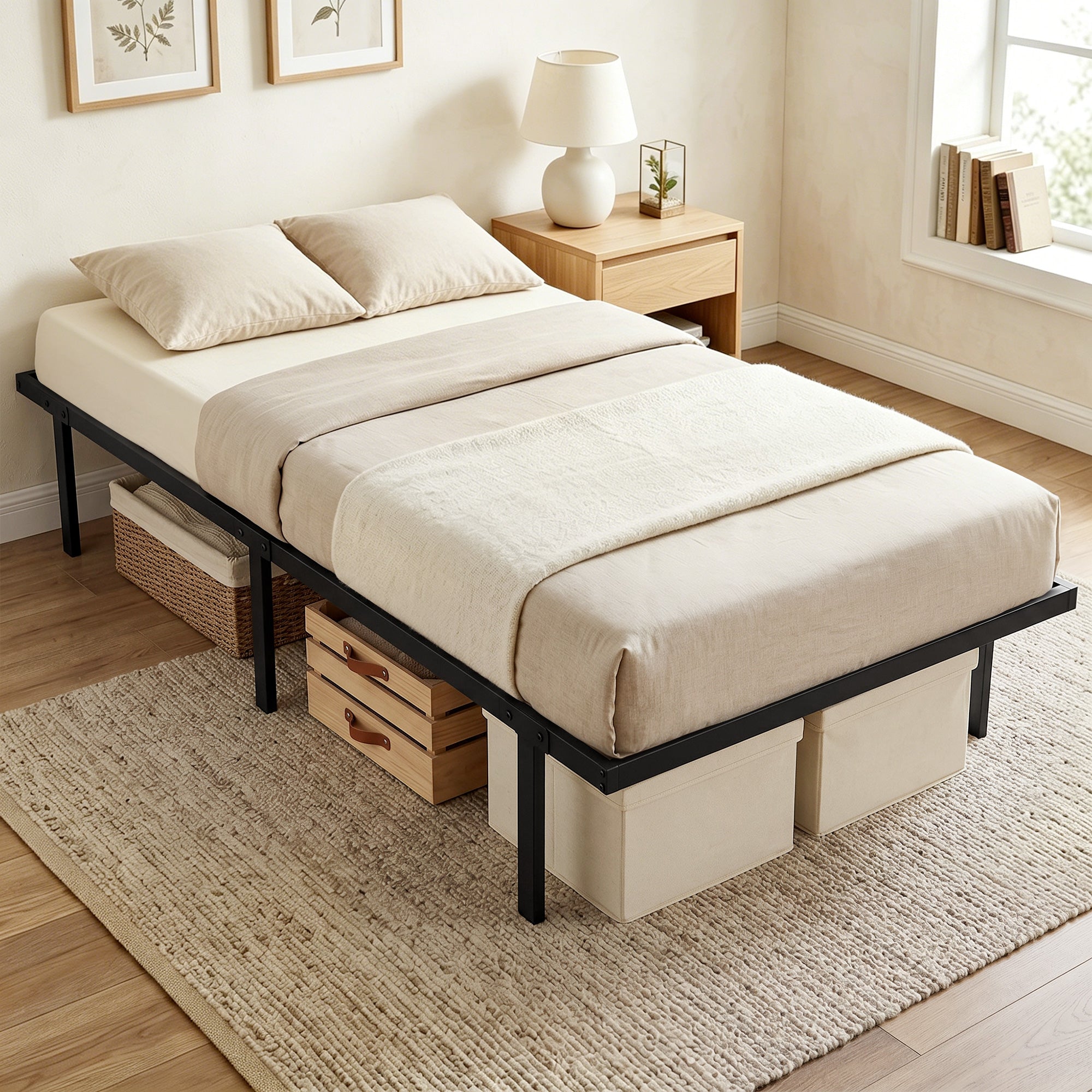 Cadre de lit 90 x 200 cm avec sommier, lit simple avec support à lattes en métal, rangement au-dessous de 35,5H cm, sans bruit, montage facile, noir