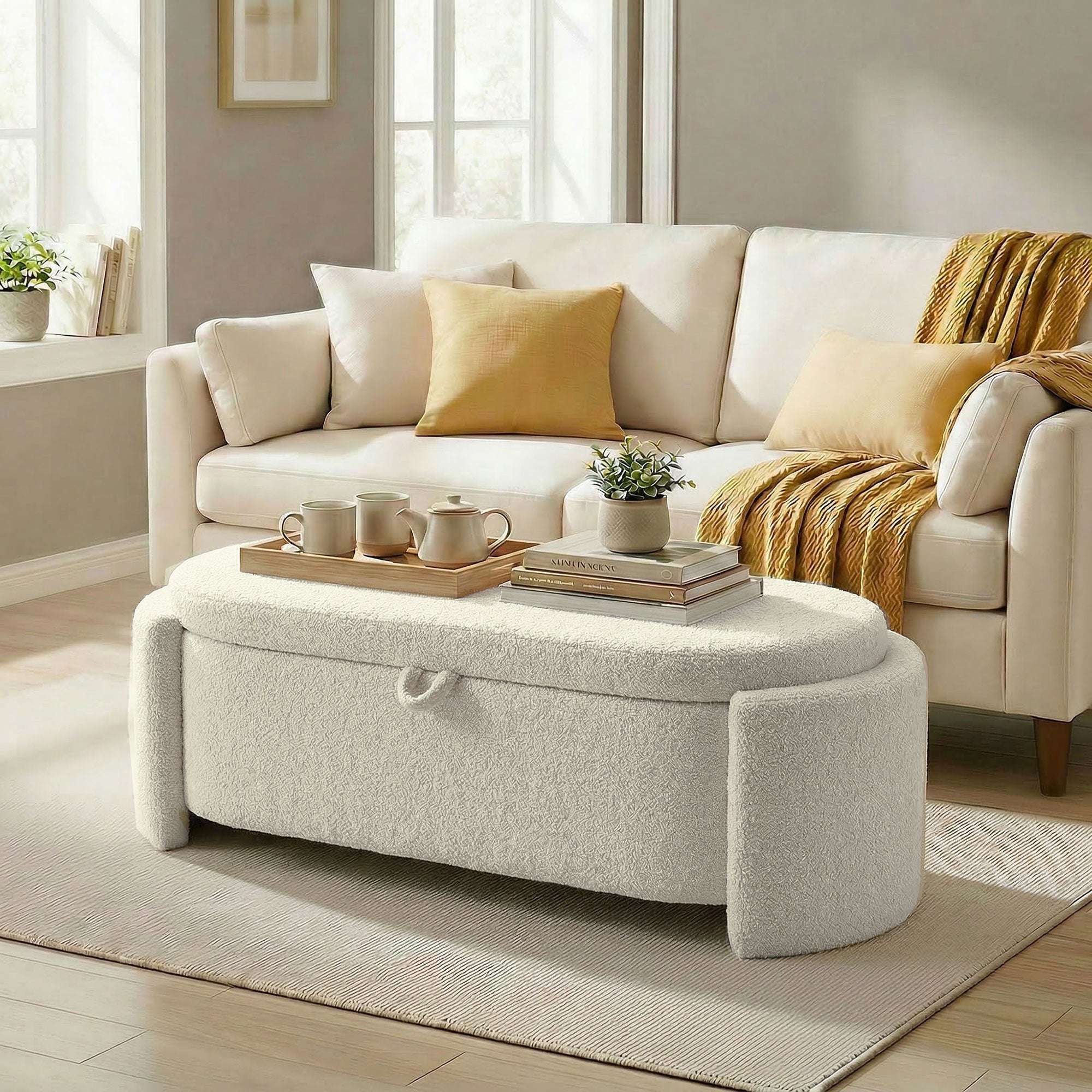 Banc de rangement, bout de lit ovale, repose-pieds rembourré en polaire Teddy avec assise large, charge 200 Kg, coffre de rangement pour salon, chambre, entrée, 129 x 48,5 x 44 cm, crème