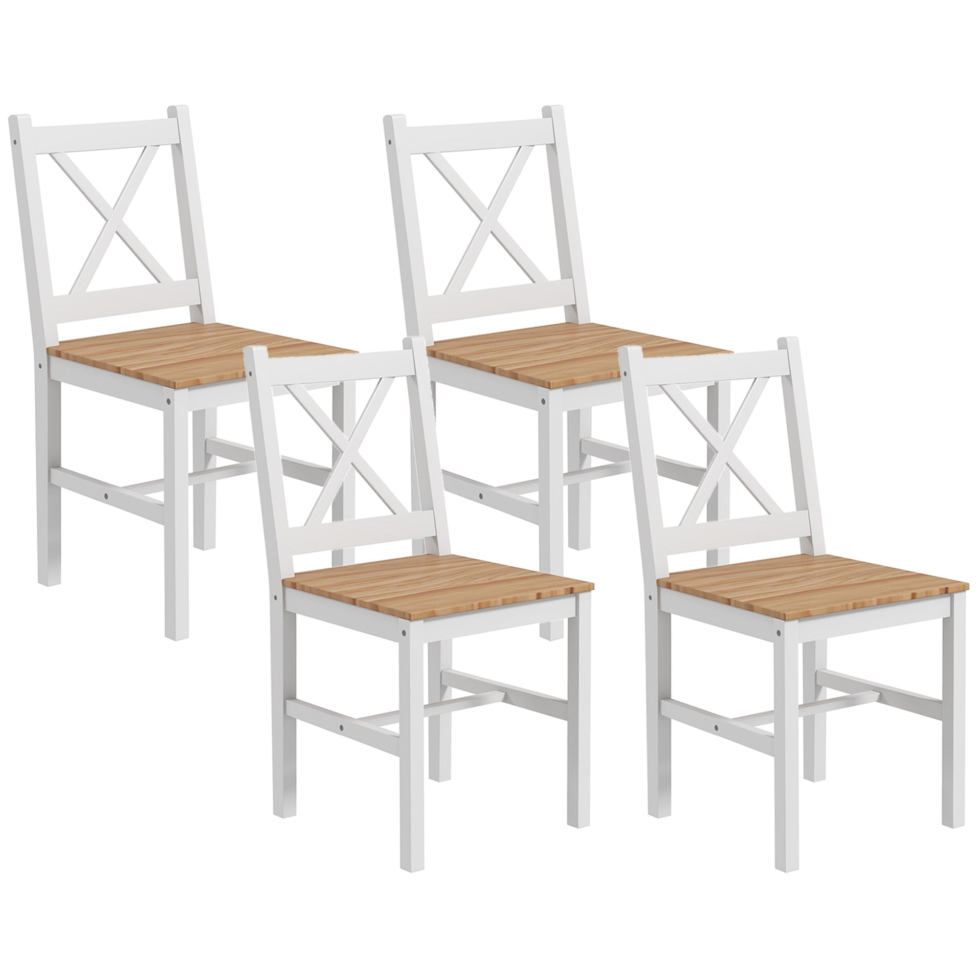 Lot de 4 chaises de salle à manger, chaises de cuisine, style maison de campagne, dossier haut, cadre en bois de pin, pour salon, chambre, cuisine, bois naturel et blanc
