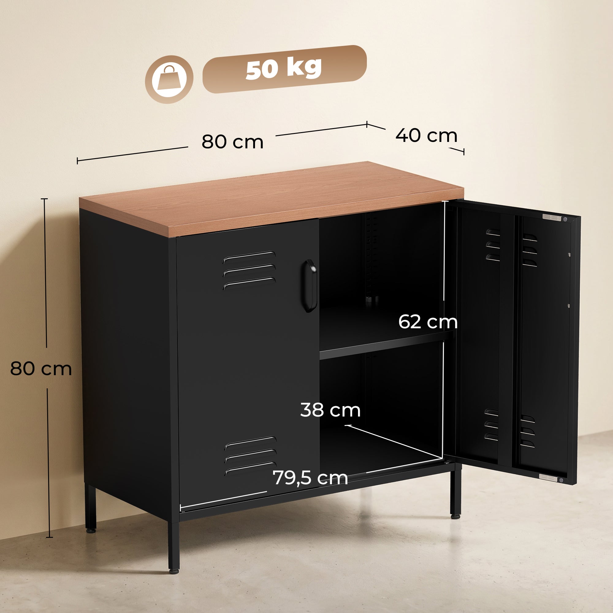Buffet Salon Métallique, Meuble de Rangement Industriel avec 2 Portes et Étagère Réglable, Pieds en Acier Robuste, pour Cuisine, Chambre et Bureau, 80 x 40 x 80 cm, Noir