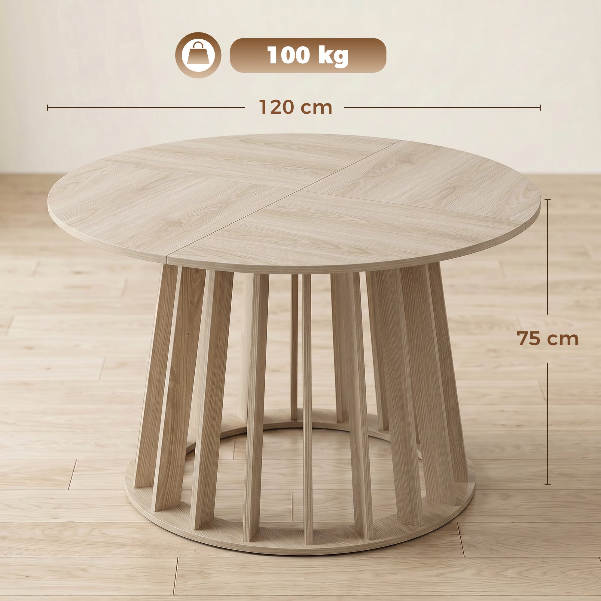 Table à Manger Ronde pour 4 à 6 Personnes, Ø 120 x 75 cm, Table de Cuisine avec Piétement à Lattes Robuste, Style Moderne, pour Salle à Manger, Cuisine, Salon, Bois Naturel