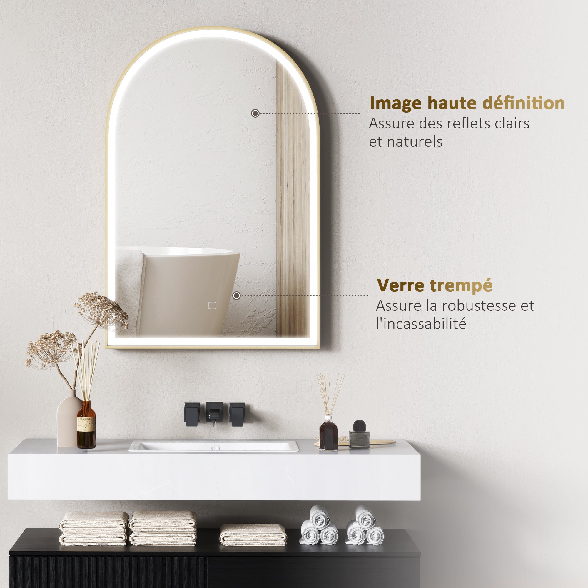 Miroir salle de bain 90 x 60 cm, miroir mural arqué, miroir salle de bain avec éclairage LED, lumière réglable 3 couleurs, anti-buée, mémoire, interrupteur tactile, cadre en aluminium - doré