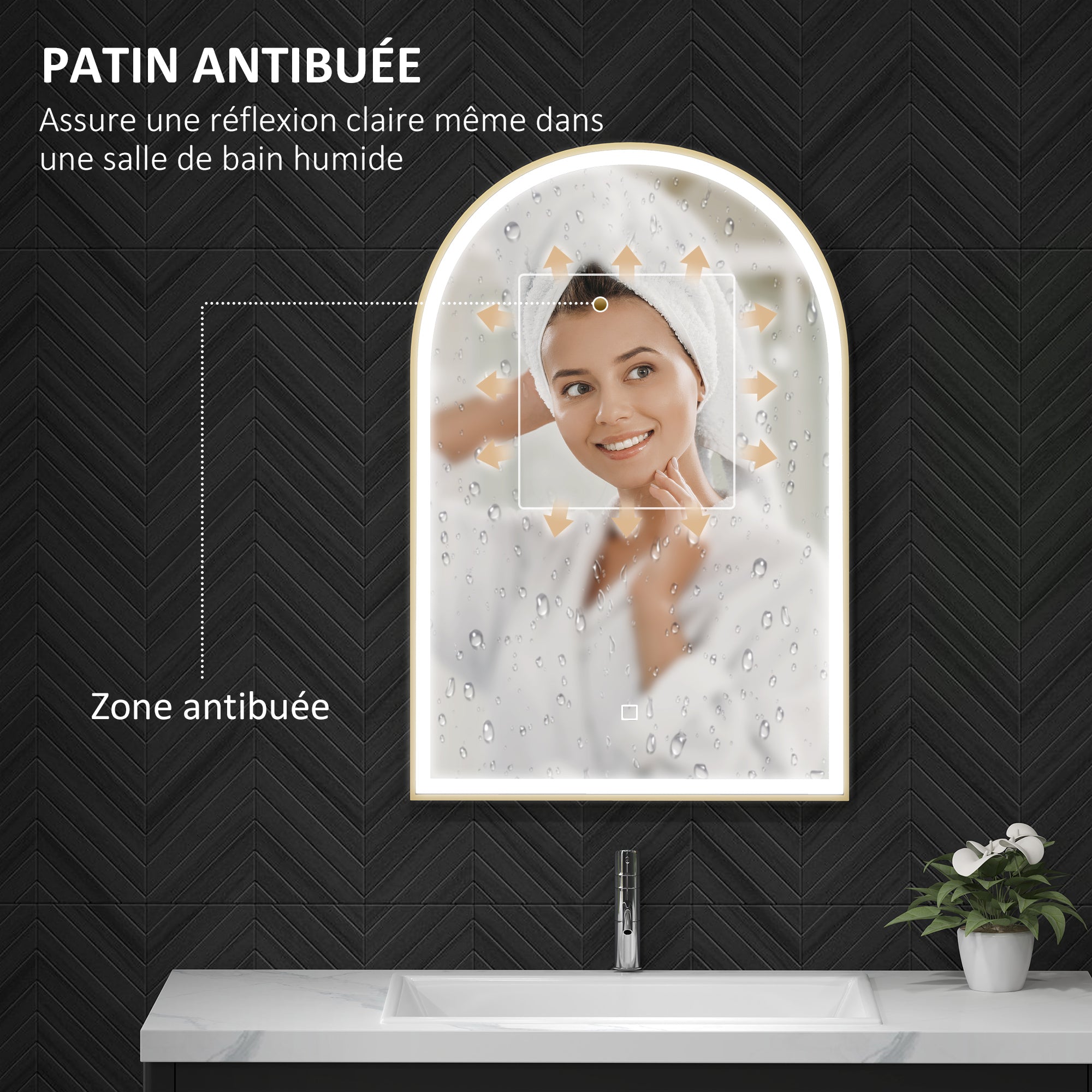 Miroir salle de bain 90 x 60 cm, miroir mural arqué, miroir salle de bain avec éclairage LED, lumière réglable 3 couleurs, anti-buée, mémoire, interrupteur tactile, cadre en aluminium - doré