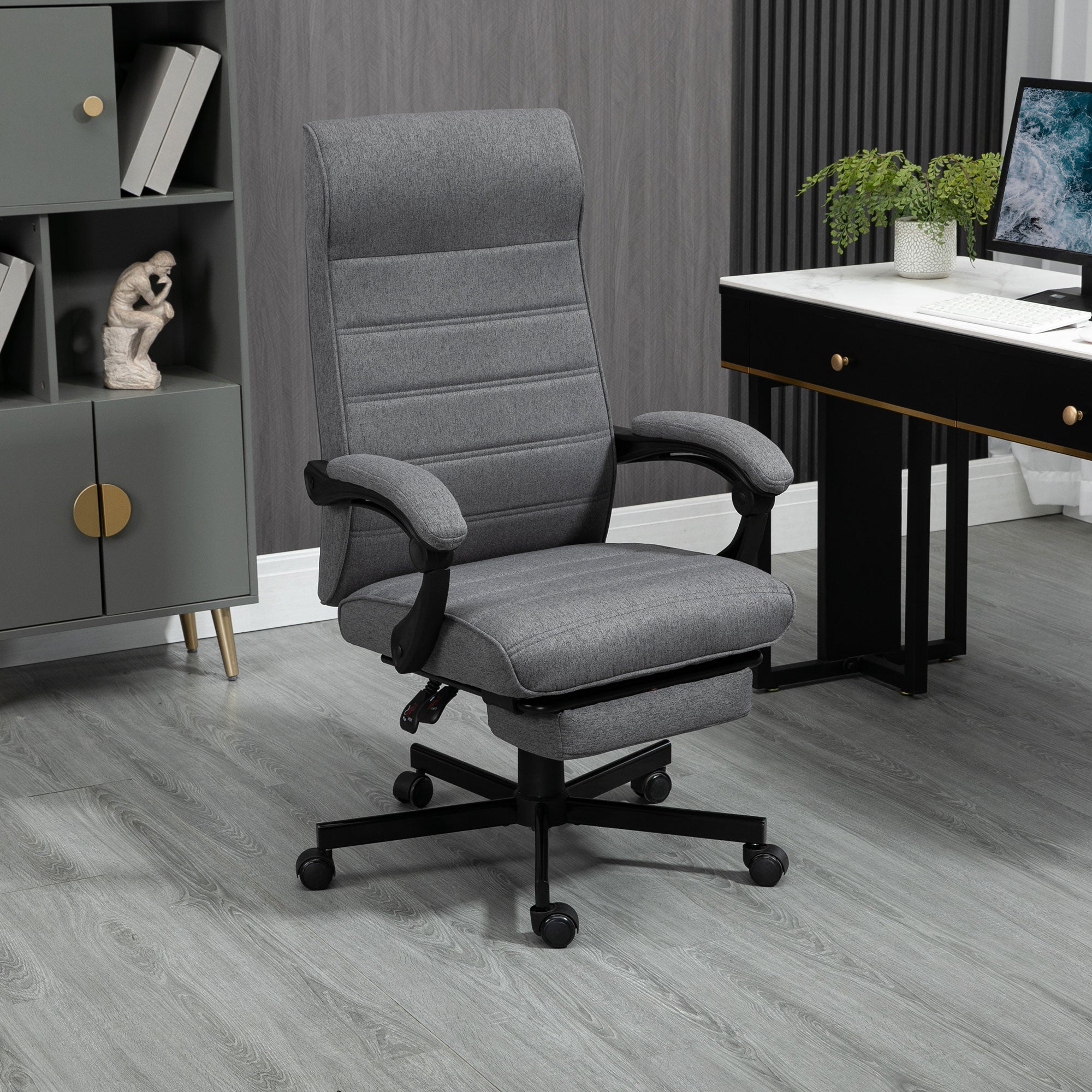Fauteuil de bureau ergonomique, chaise de bureau, pivotant, inclinable, en tissu aspect lin avec accoudoirs, hauteur réglable et repose-pied rétractable, gris