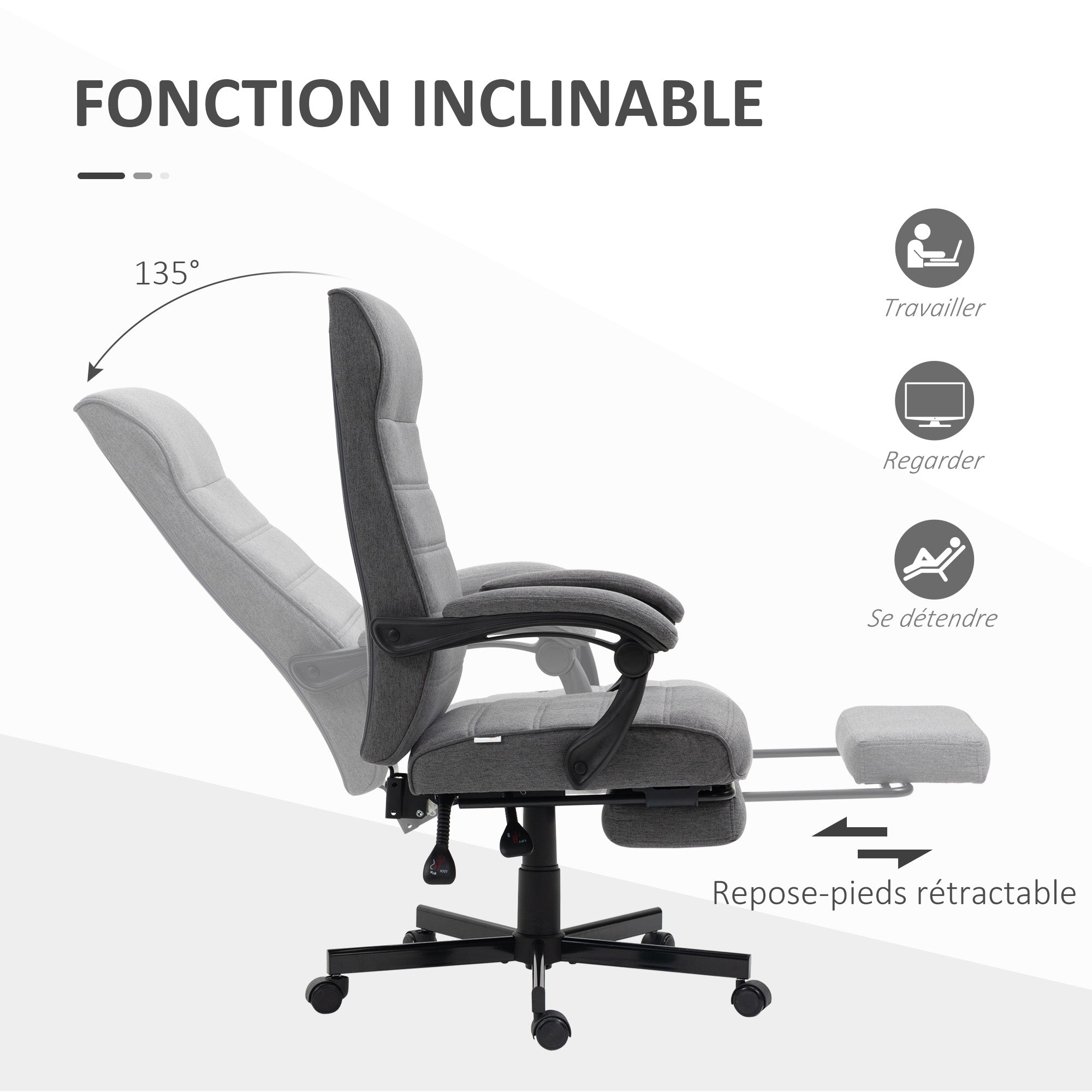 Fauteuil de bureau ergonomique, chaise de bureau, pivotant, inclinable, en tissu aspect lin avec accoudoirs, hauteur réglable et repose-pied rétractable, gris