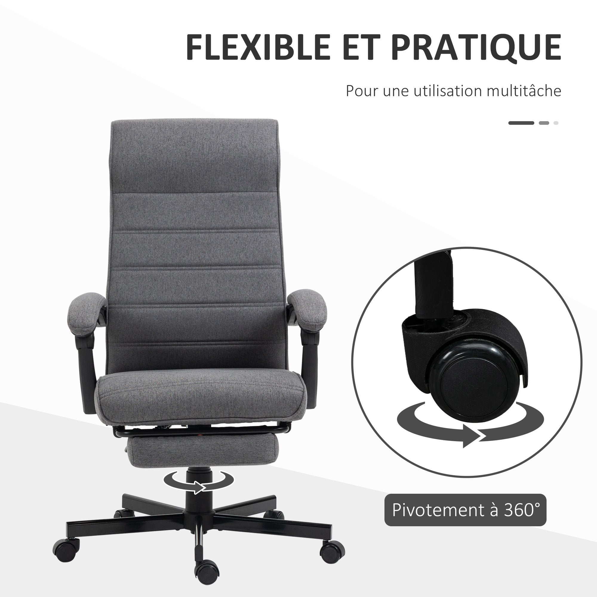 Fauteuil de bureau ergonomique, chaise de bureau, pivotant, inclinable, en tissu aspect lin avec accoudoirs, hauteur réglable et repose-pied rétractable, gris