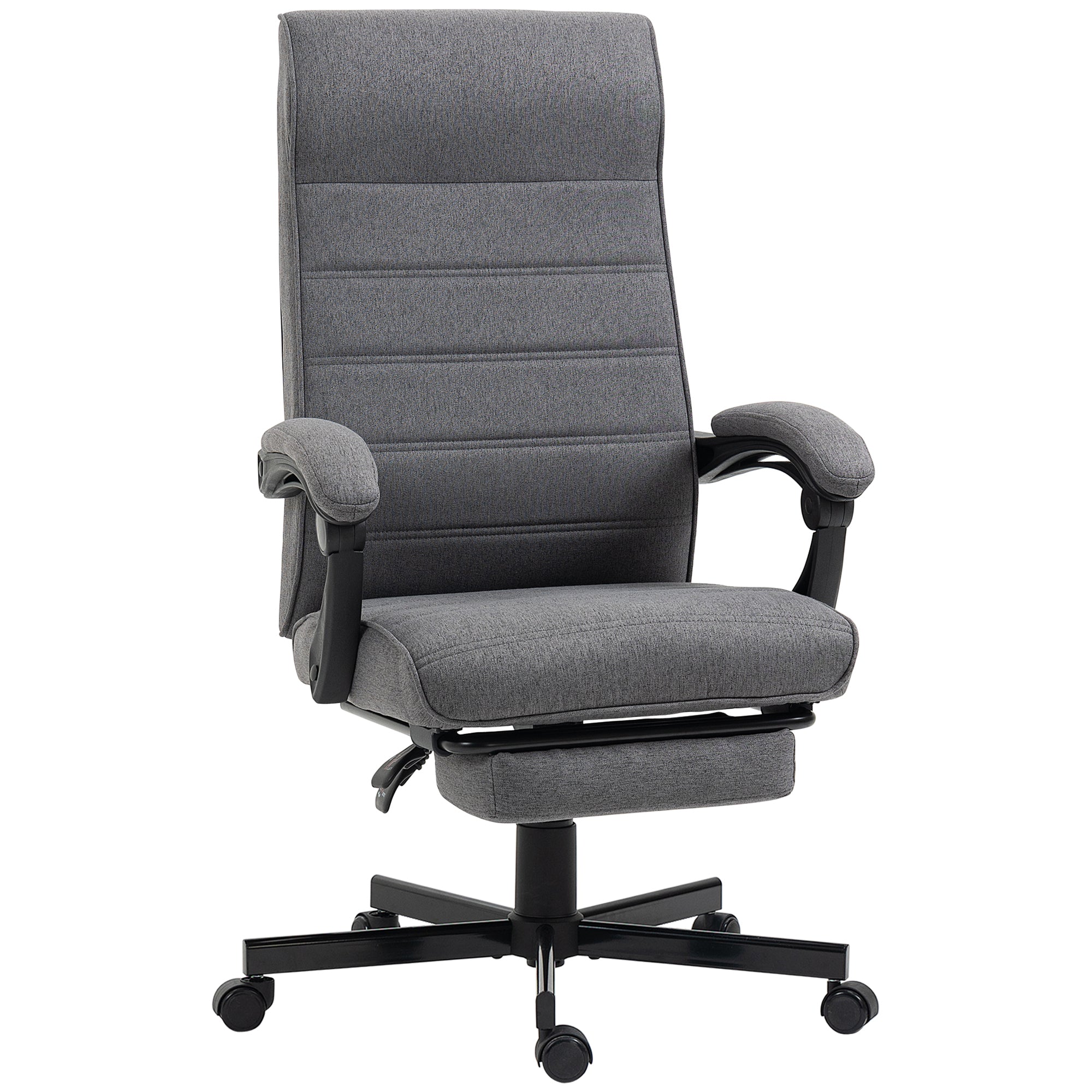 Fauteuil de bureau ergonomique, chaise de bureau, pivotant, inclinable, en tissu aspect lin avec accoudoirs, hauteur réglable et repose-pied rétractable, gris